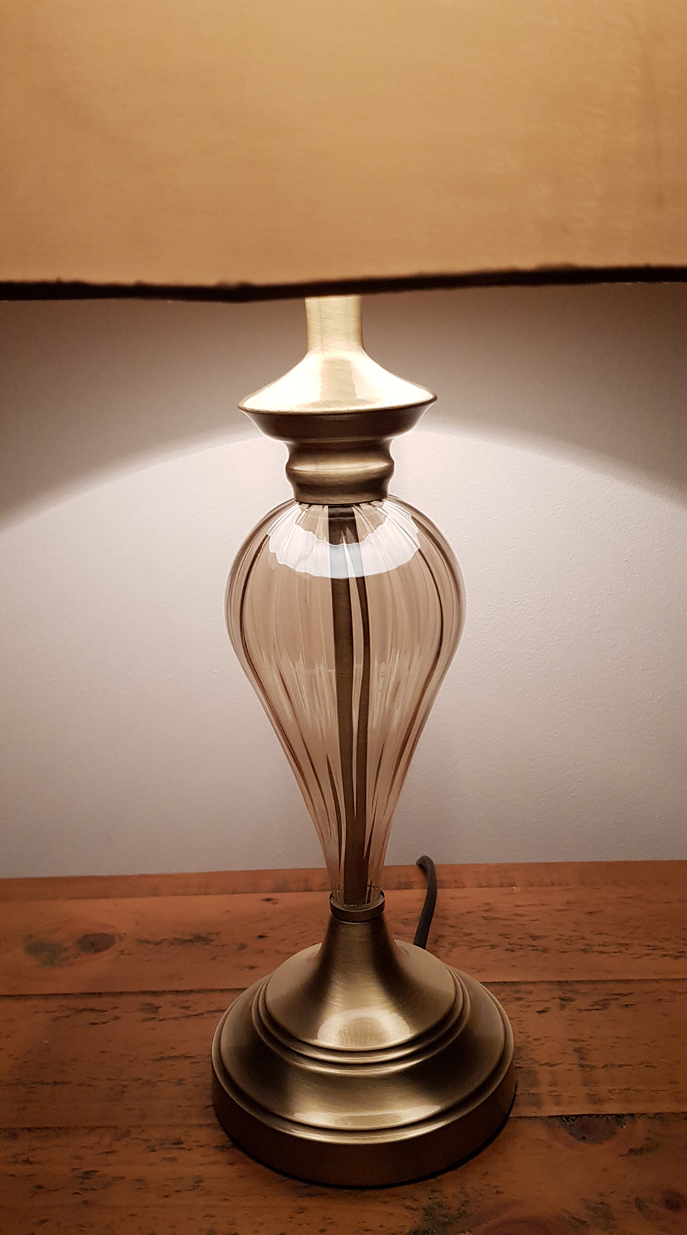 Denton Ribbed Glass Table Lamp with Champagne Shade and Antique Brass Base