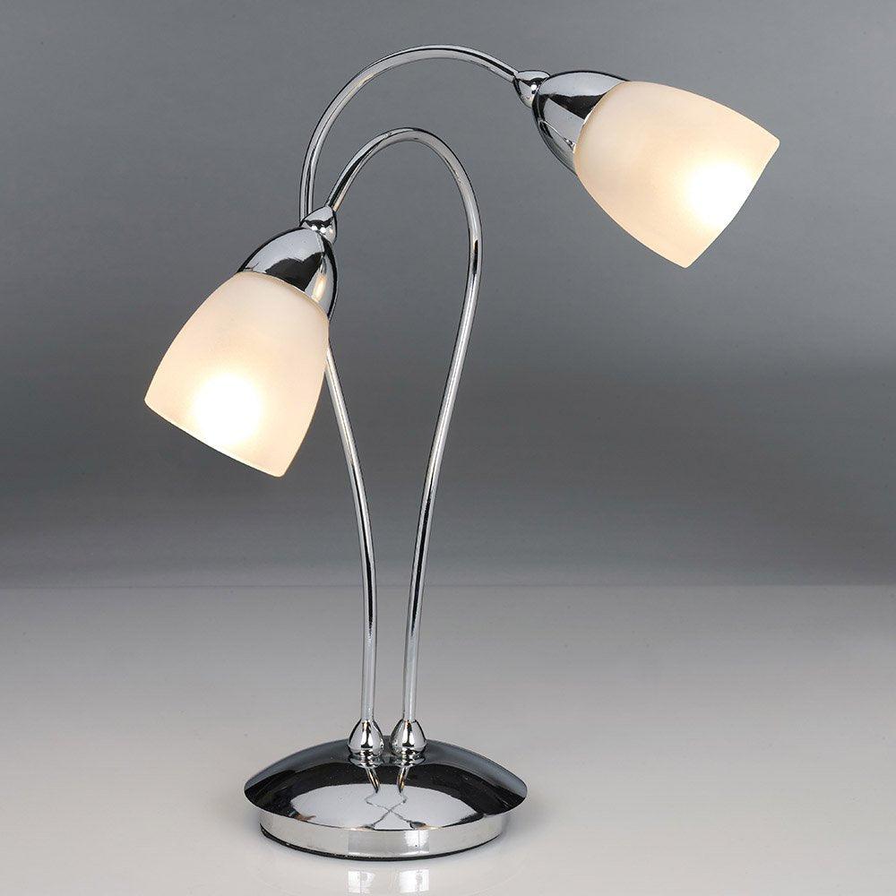 Cygnus 2 Light Table Lamp with Frosted Glass Shades, Chrome
