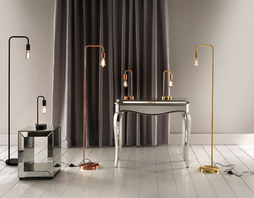 Industrial Style Retro Table lamps and Floor lamps, best used with Filament Style Led Bulbs available in various colours