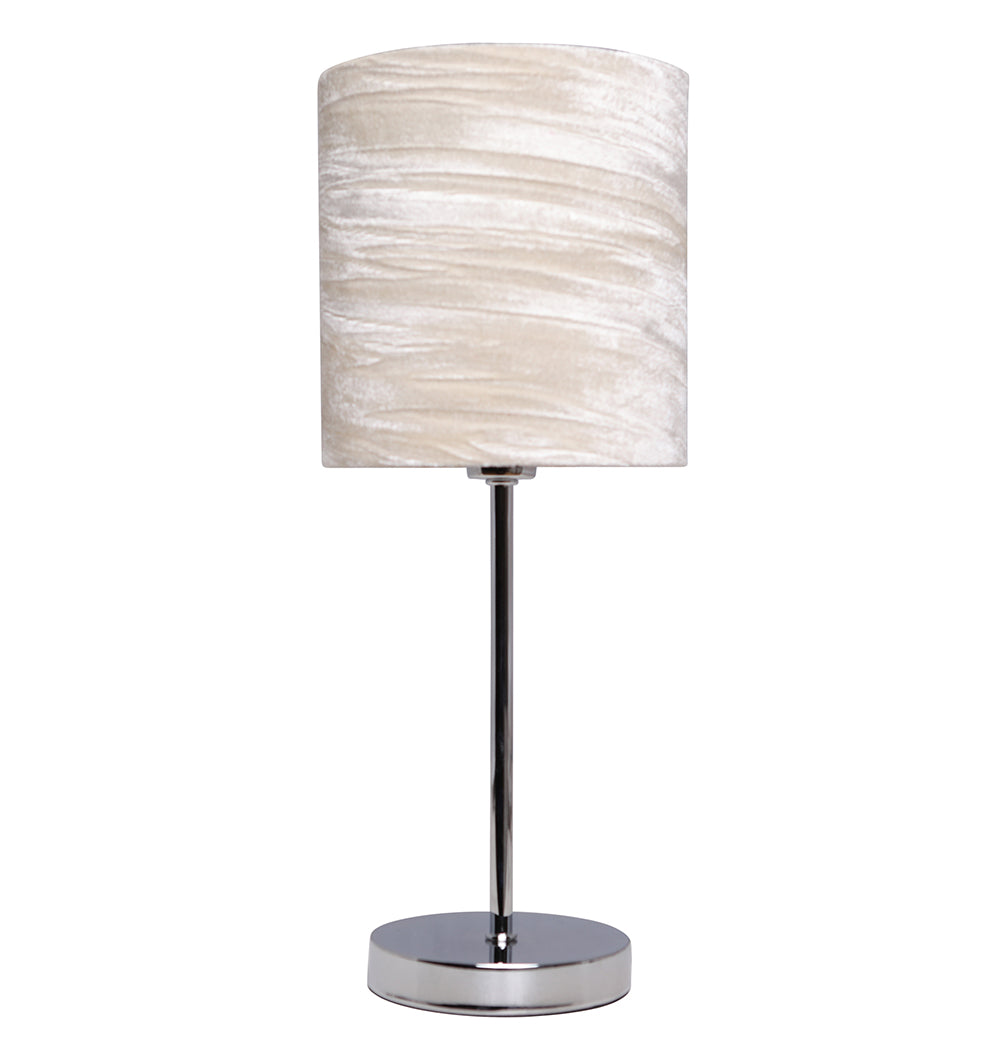 Plush Chrome Lamp with Crushed Velvet Drum Shade, Beige