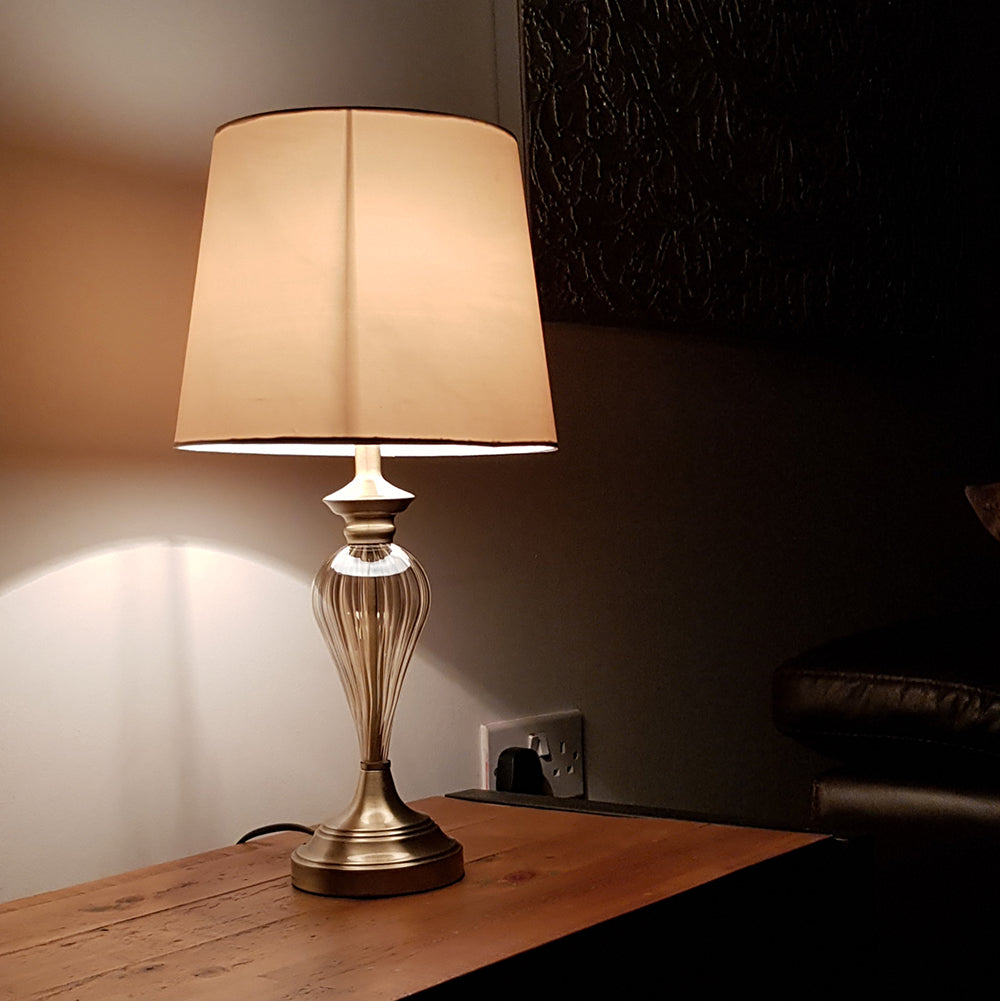 Denton Ribbed Glass Table Lamp with Champagne Shade and Antique Brass Base