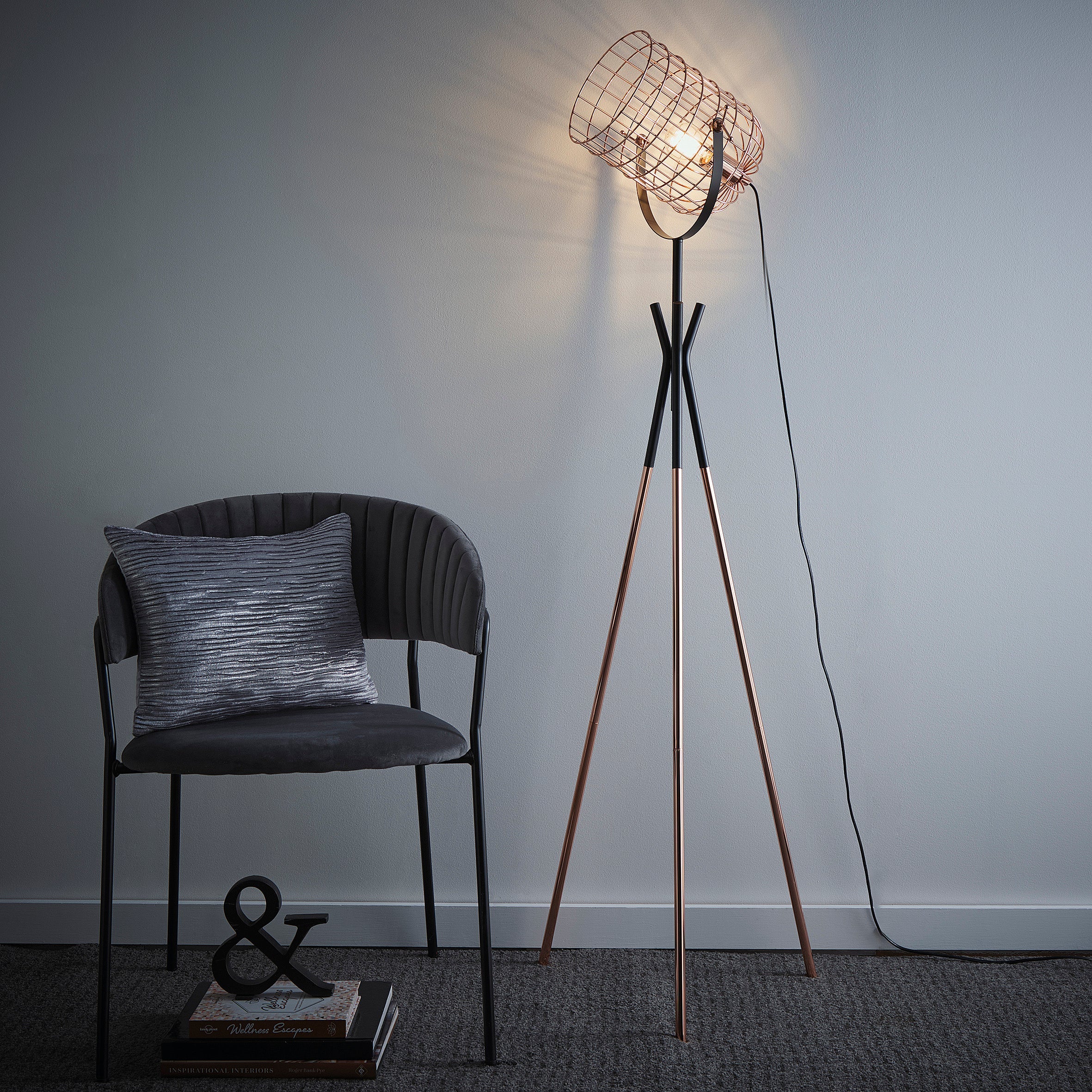 K LIVING Tripod Copper Table Lamp and Floor Lamp option with an Industrial Metal Cage Style and a Polished copper and Black finish