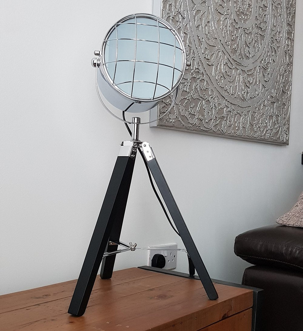 Hector Black and Chrome Tripod Spotlight Table Lamp