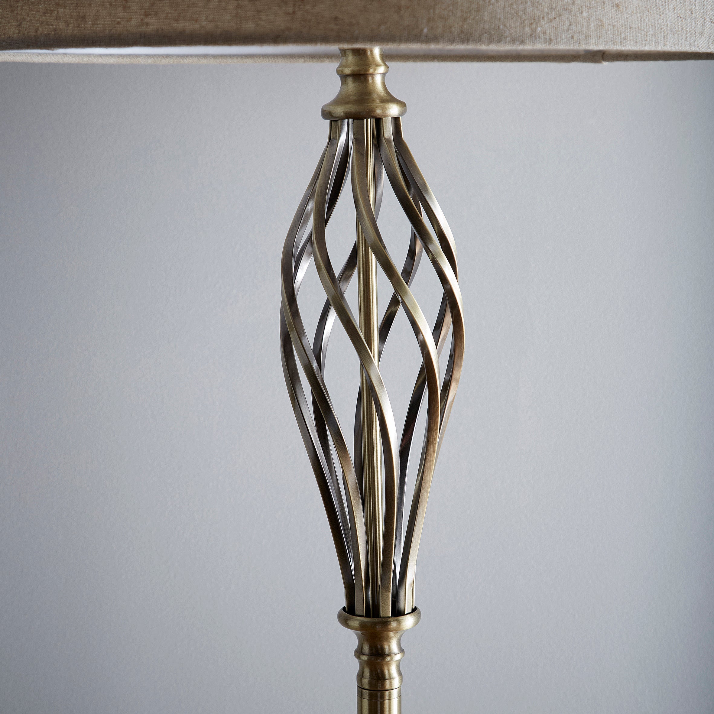 Spiral Antique Brass Floor Lamp with Linen Lampshade