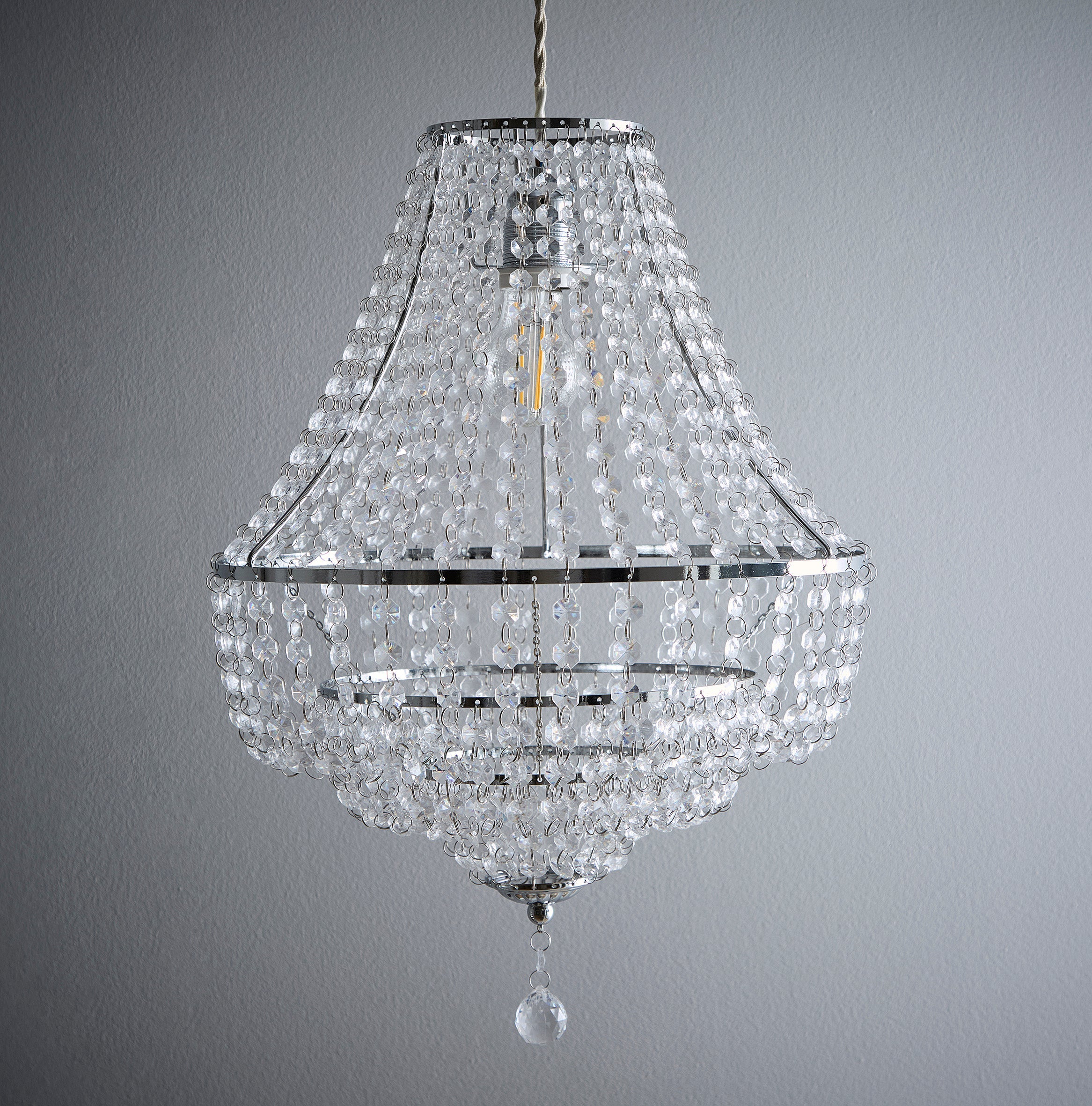 Chrome and Clear Acrylic Breads light Pendant with 3 tiers and a hanging decorative light pendant