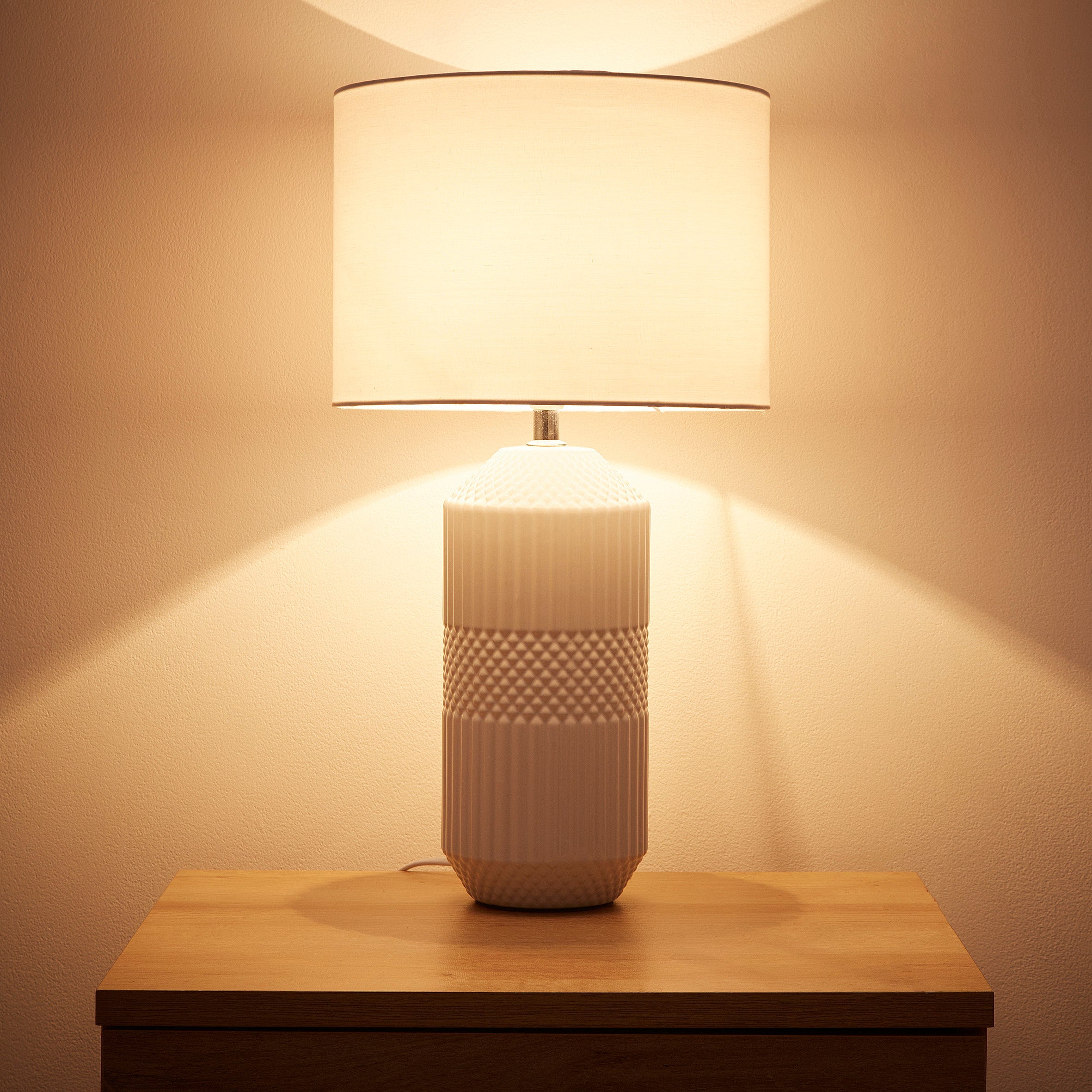White Glossy Ceramic Textured Table Lamp with White Cotton Lampshade