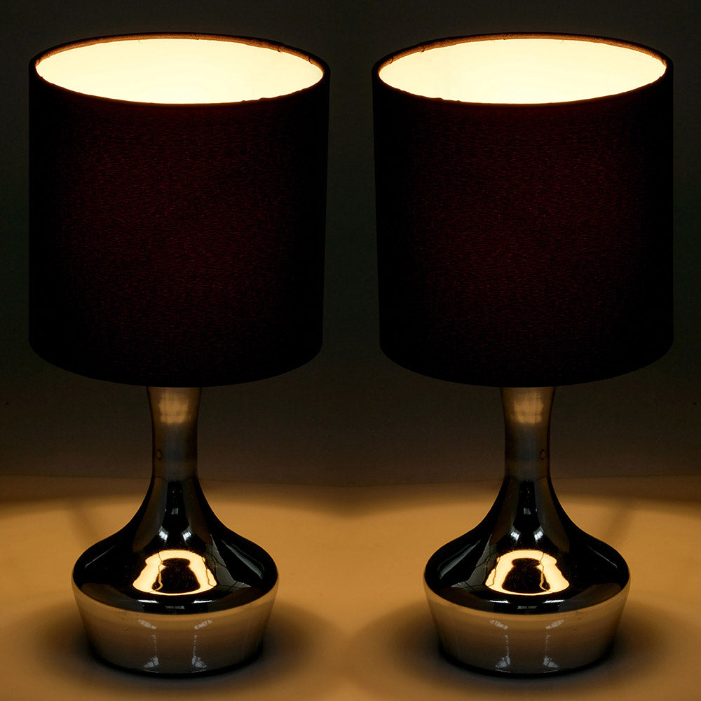 Pair Of Chrome Touch Table Lamps with Black Fabric Shades (Sold in Pairs) 2 x Touch Lamps