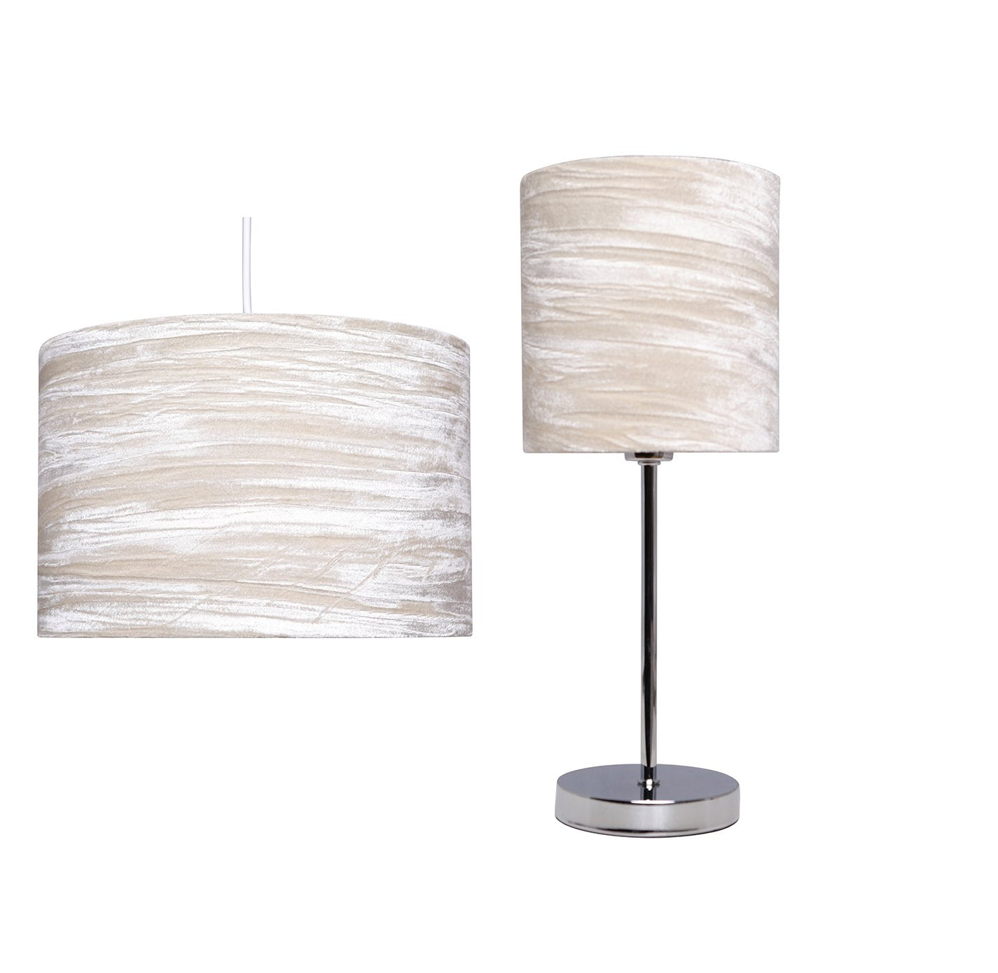 Plush Chrome Lamp with Crushed Velvet Drum Shade, Beige