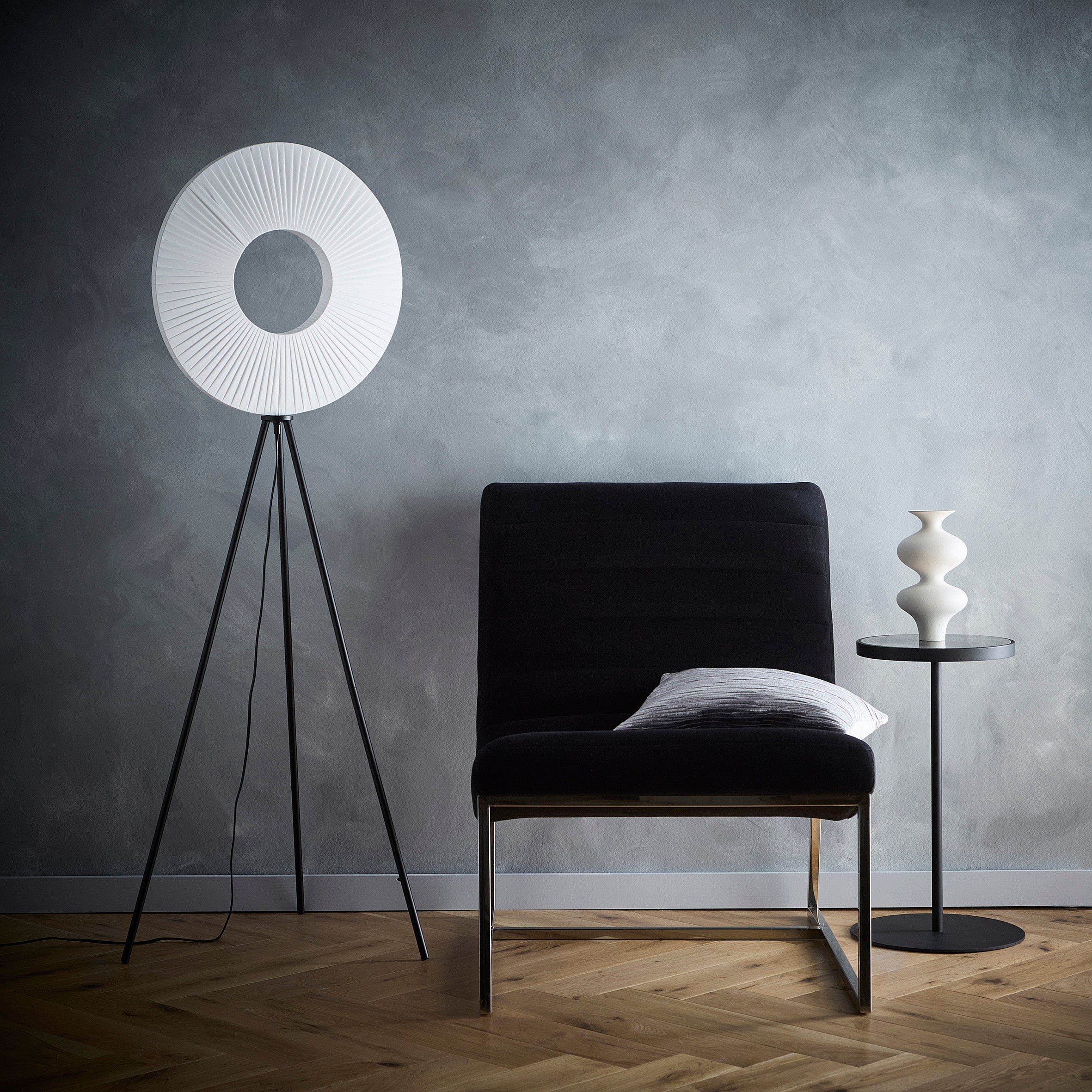 Riley LED Tripod Floor Lamp or Table Lamp with White Fabric Shade and black tripod legs