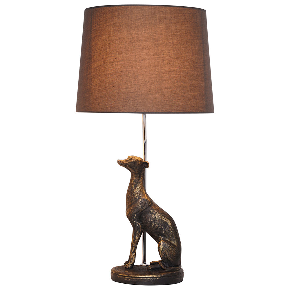 Rita Brown/Gold Poly Resin Dog Table Lamp with Dark Brown Fabric Shade