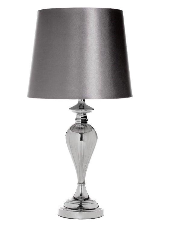 Denton Smokey Glass Table Lamp with Grey Lamp Shade and Chrome Base