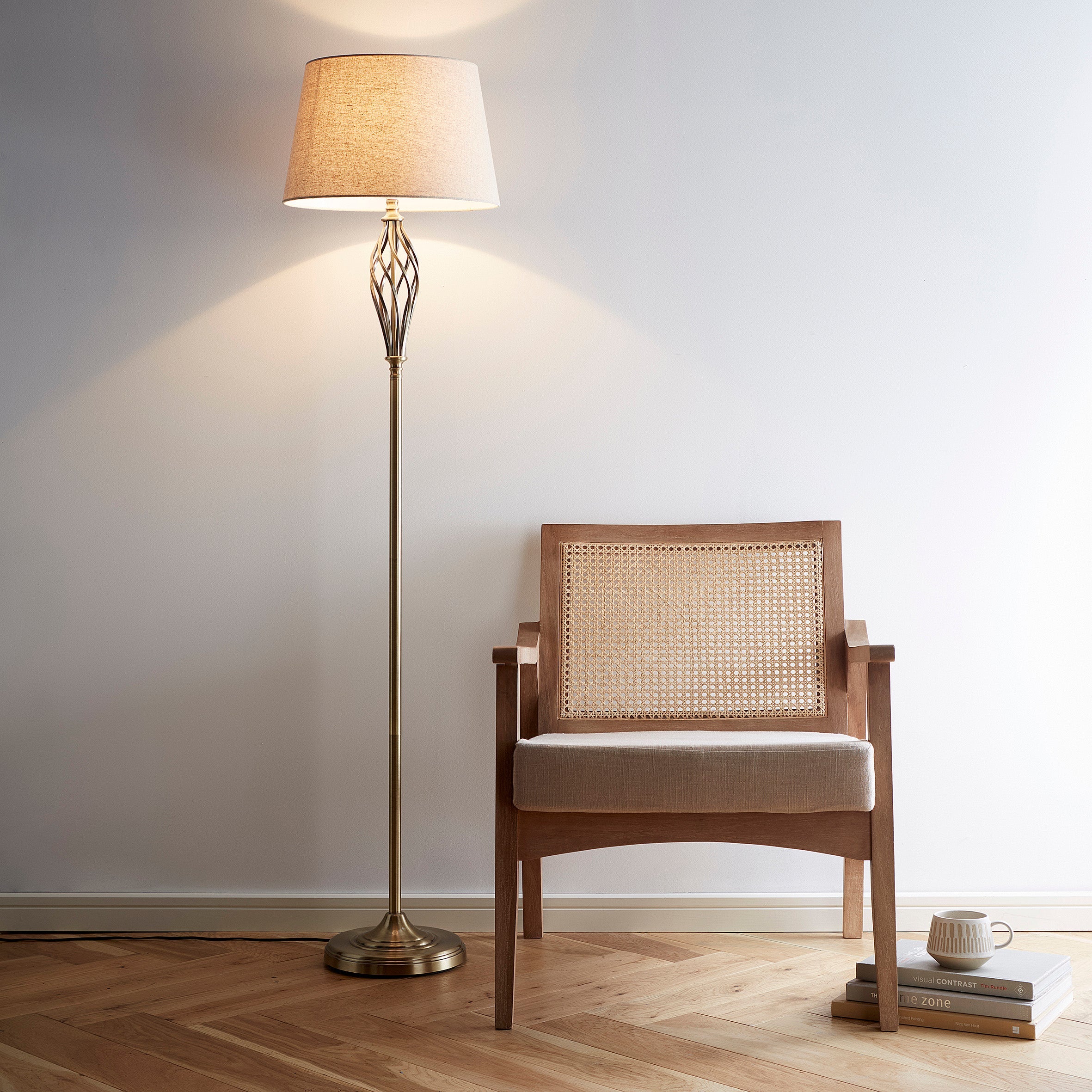 Spiral Antique Brass Floor Lamp with Linen Lampshade