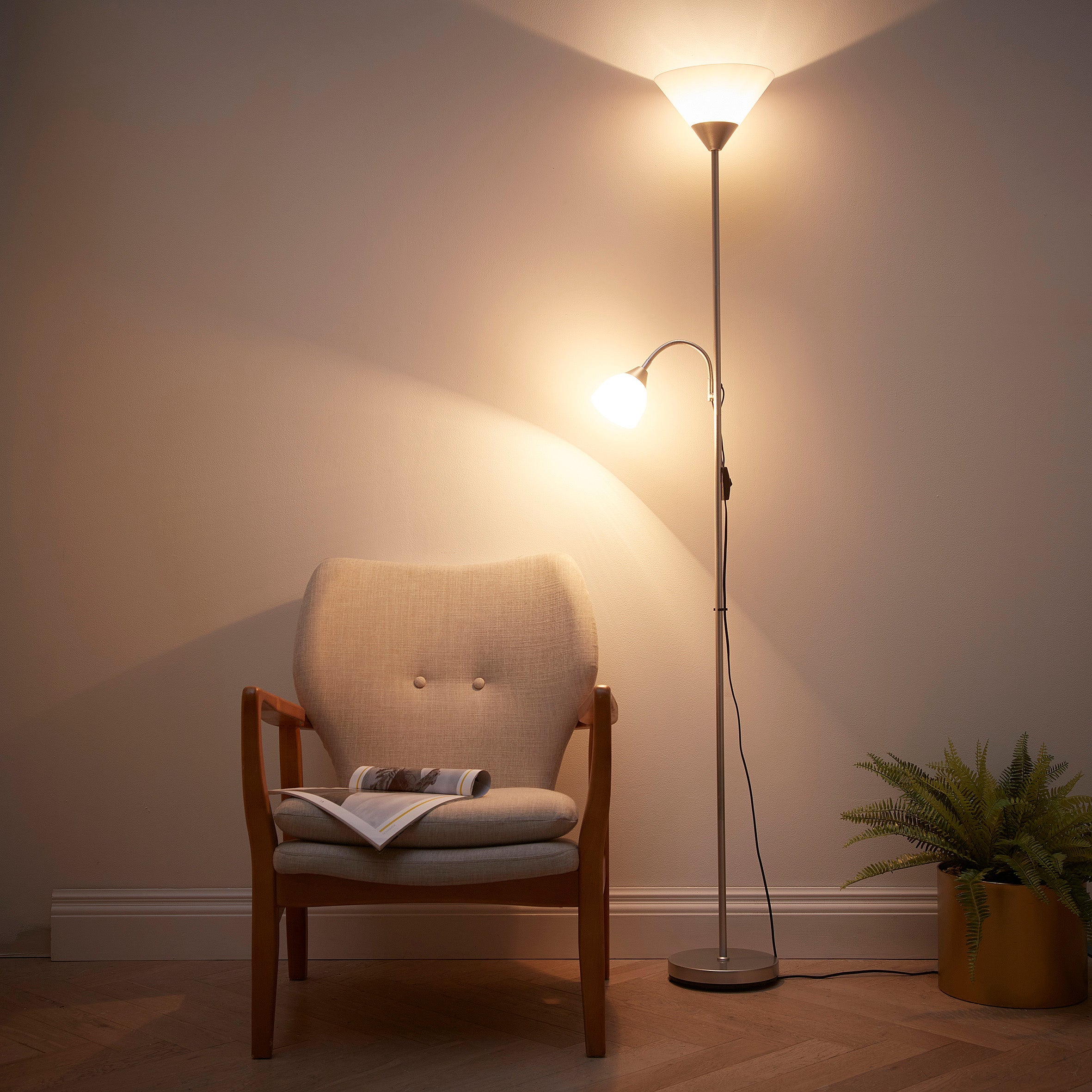 Mother and Child Silver Floor Lamp with White Frosted Shades