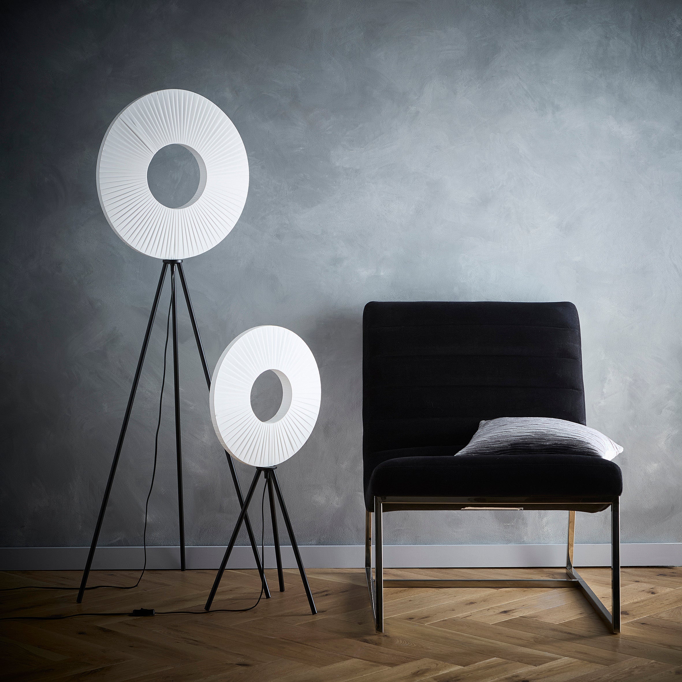 Riley LED Tripod Floor Lamp or Table Lamp with White Fabric Shade and black tripod legs