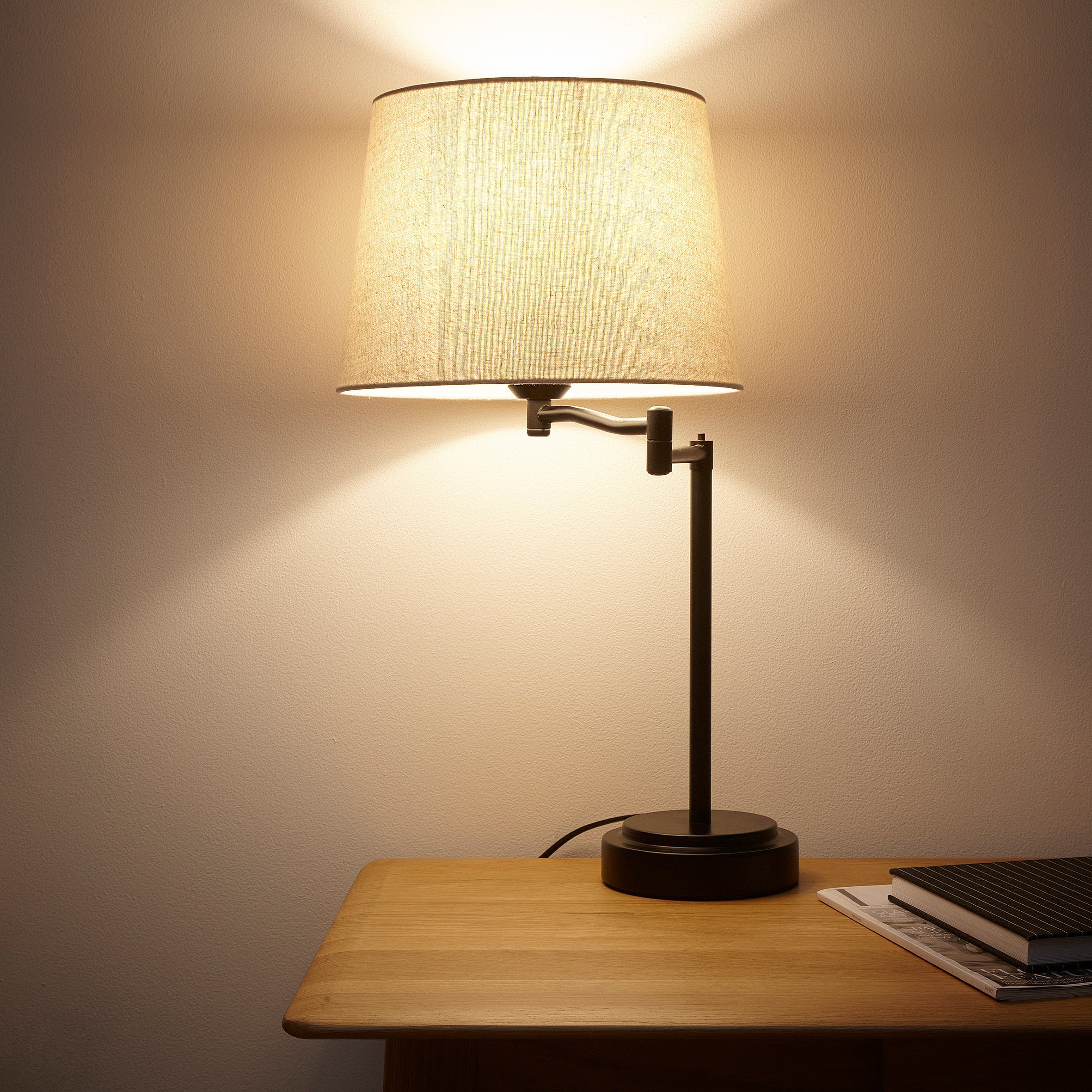Classic Swivel Table Lamps in Matt Black or Brushed Silver with Swing Arms and Linen Lampshades