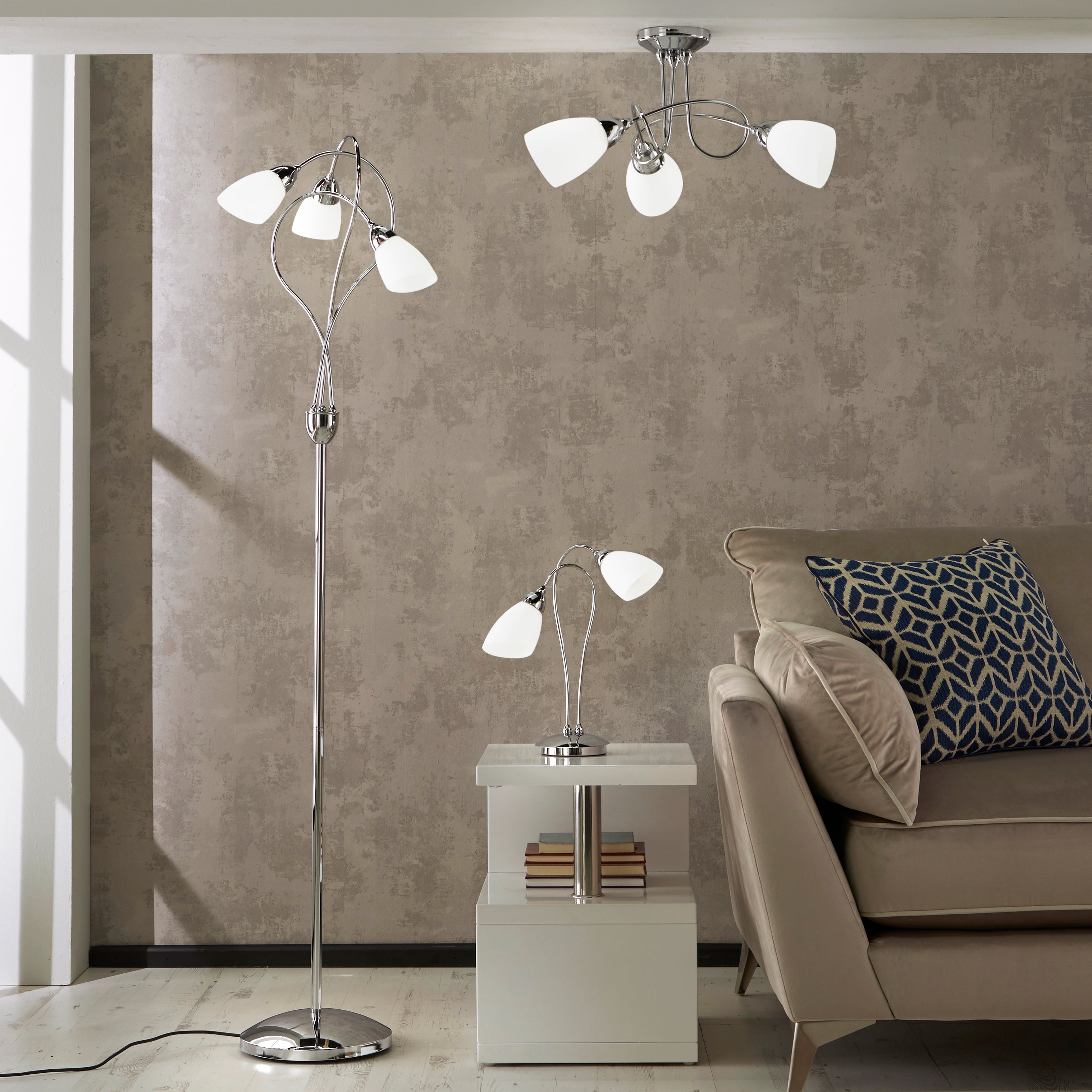 Cygnus Chrome 3 Light Floor Lamp with Frosted Glass Shades