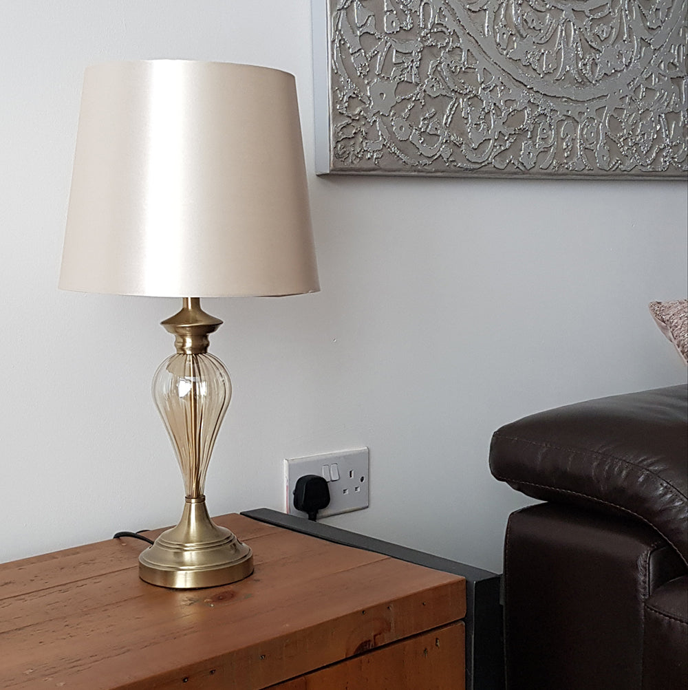 Denton Ribbed Glass Table Lamp with Champagne Shade and Antique Brass Base