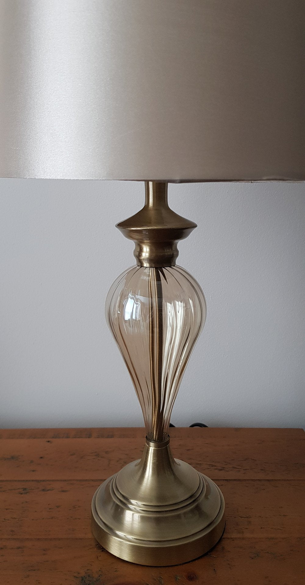Denton Ribbed Glass Table Lamp with Champagne Shade and Antique Brass Base