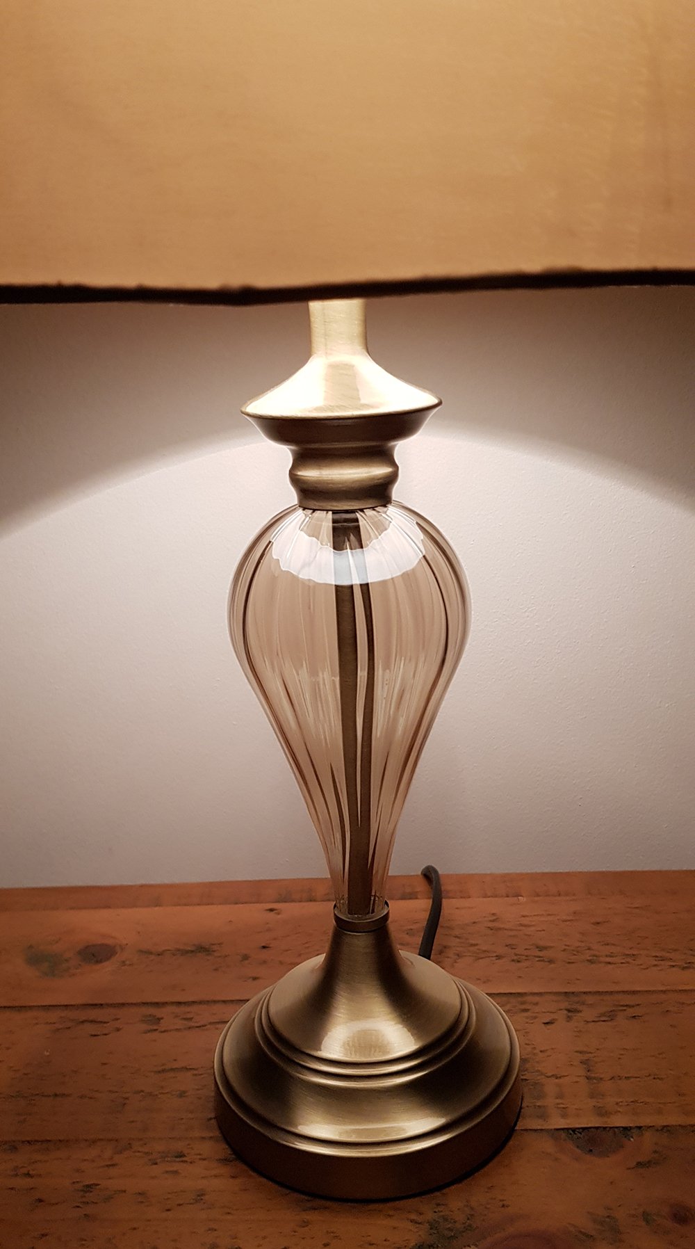 Denton Ribbed Glass Table Lamp with Champagne Shade and Antique Brass Base
