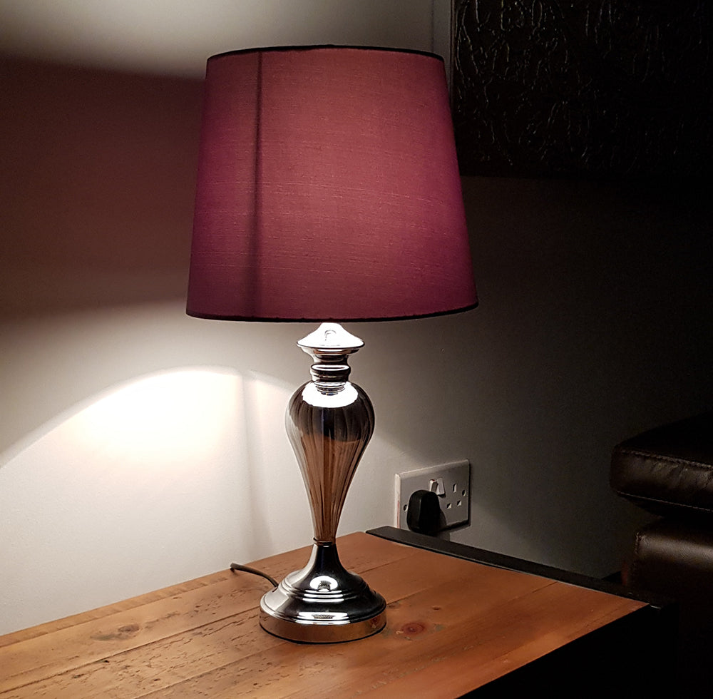 Denton Smokey Glass Table Lamp with Grey Lamp Shade and Chrome Base