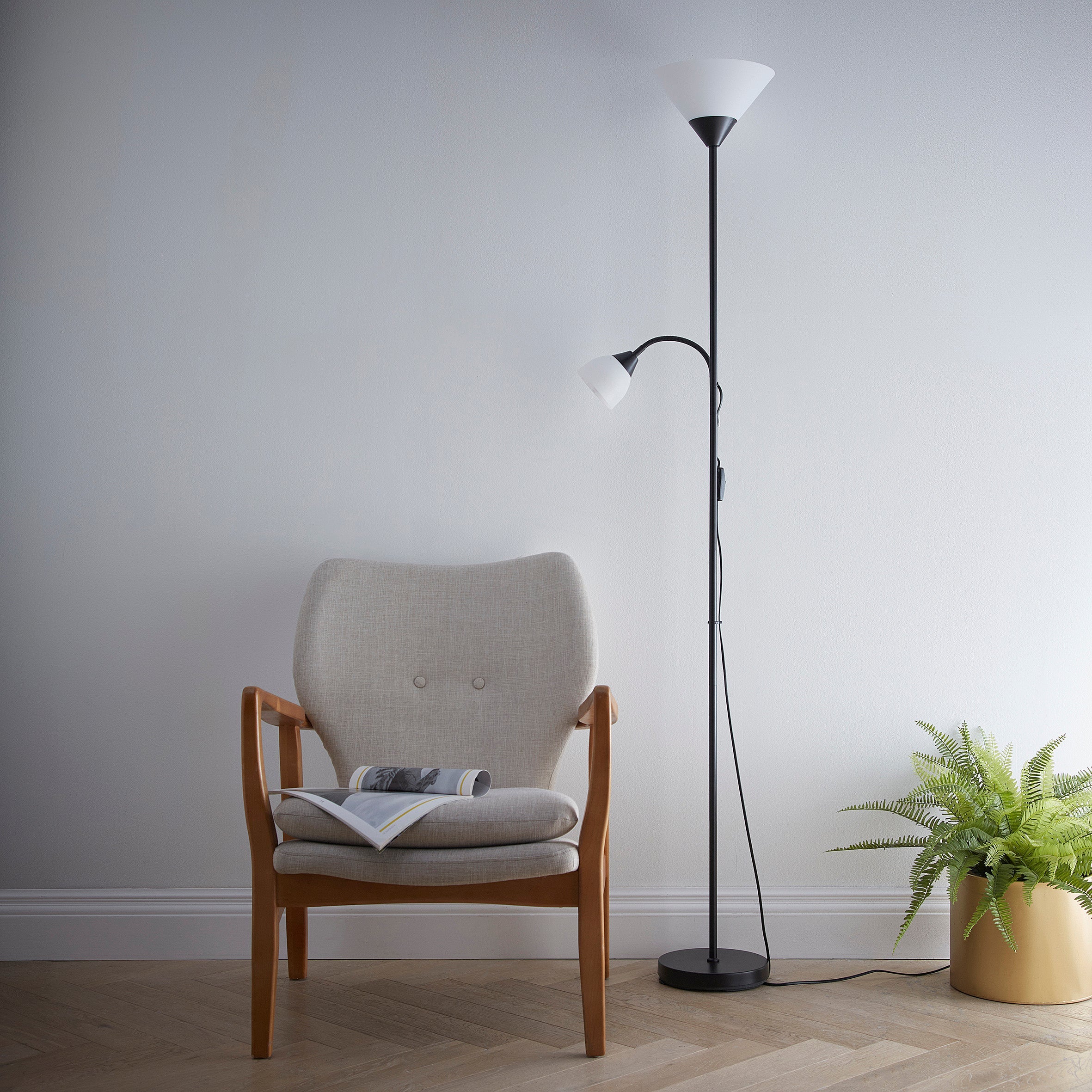 Mother and Child Black Floor Lamp with White Frosted Shades