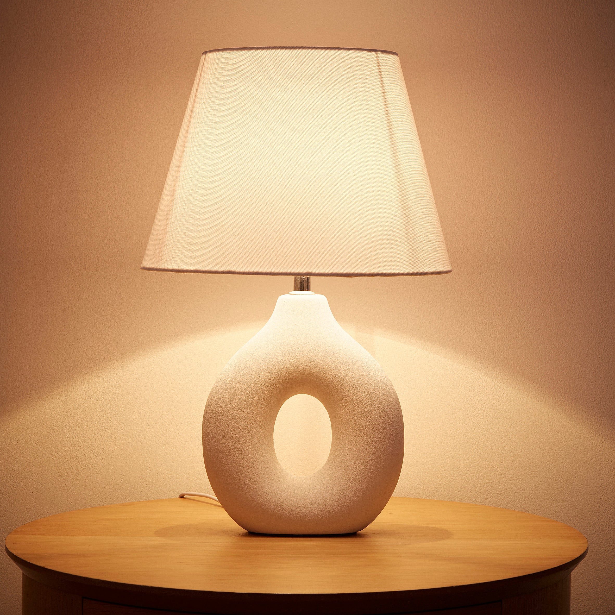 White Ceramic Hollow Table Lamp with White Cotton Drum Shade