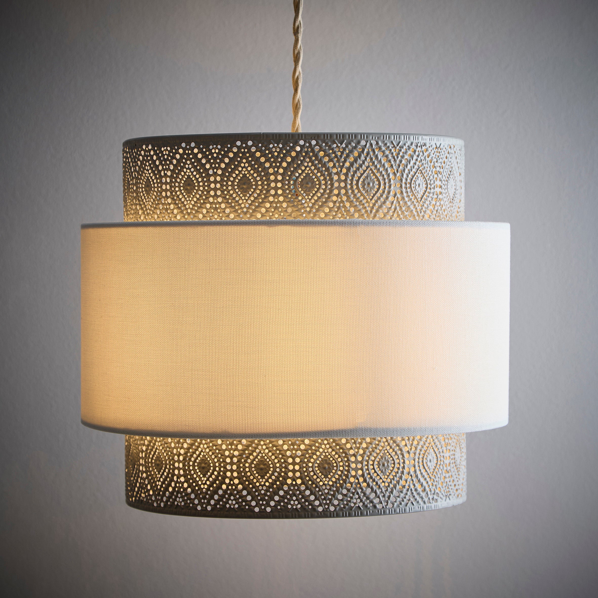 3-Tier Leaf Design Light Pendant in a Satin Nickel Metal and Linen Shade, Non Electric Pendant Light shade