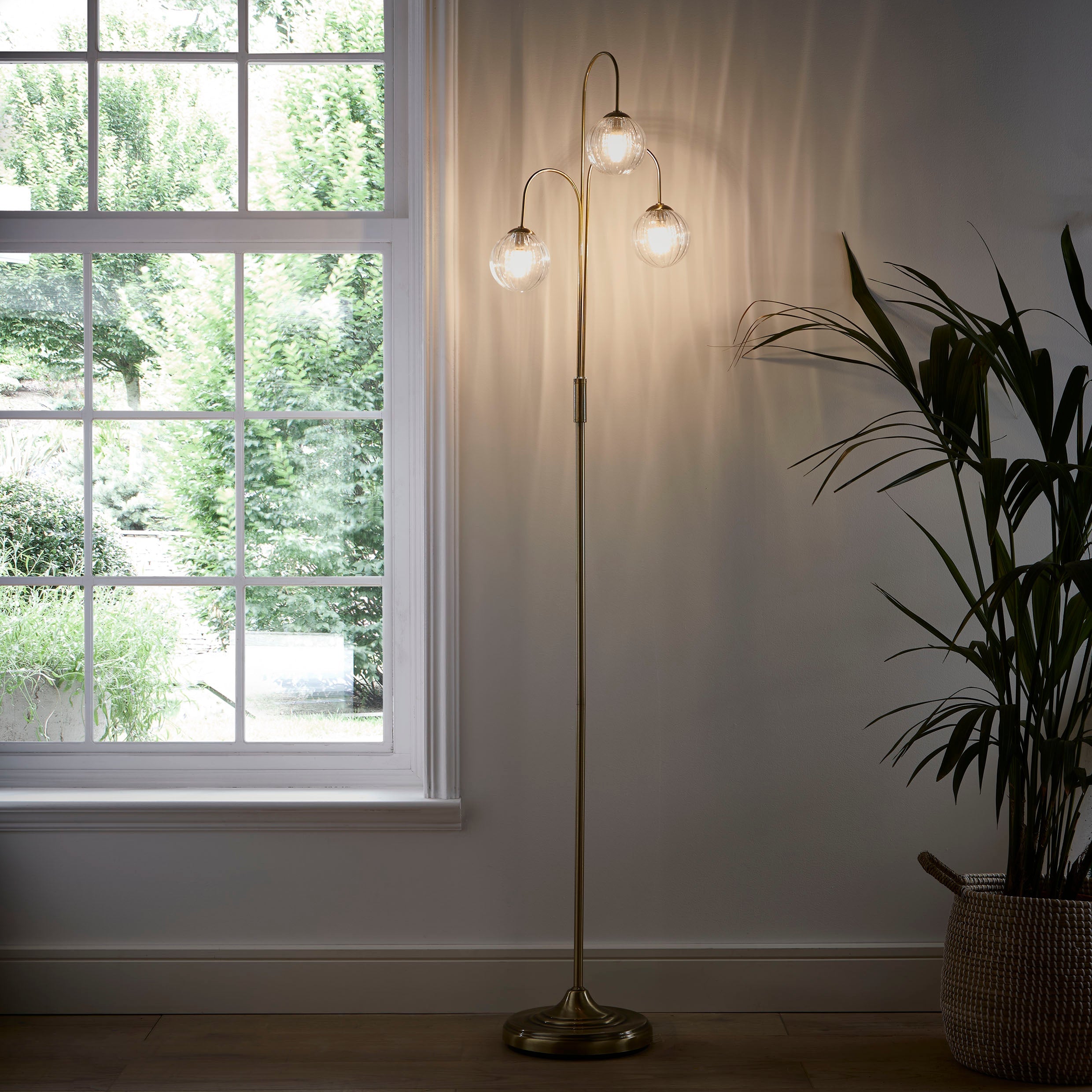 Antique Brass or Chrome Table or Floor lamps with Glass Globe Shades in a hanging branch style