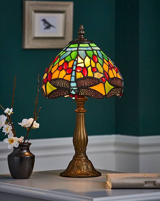 Mitcham Tiffany Style 8 inch Table Lamp with a Dragon Fly Pattern design