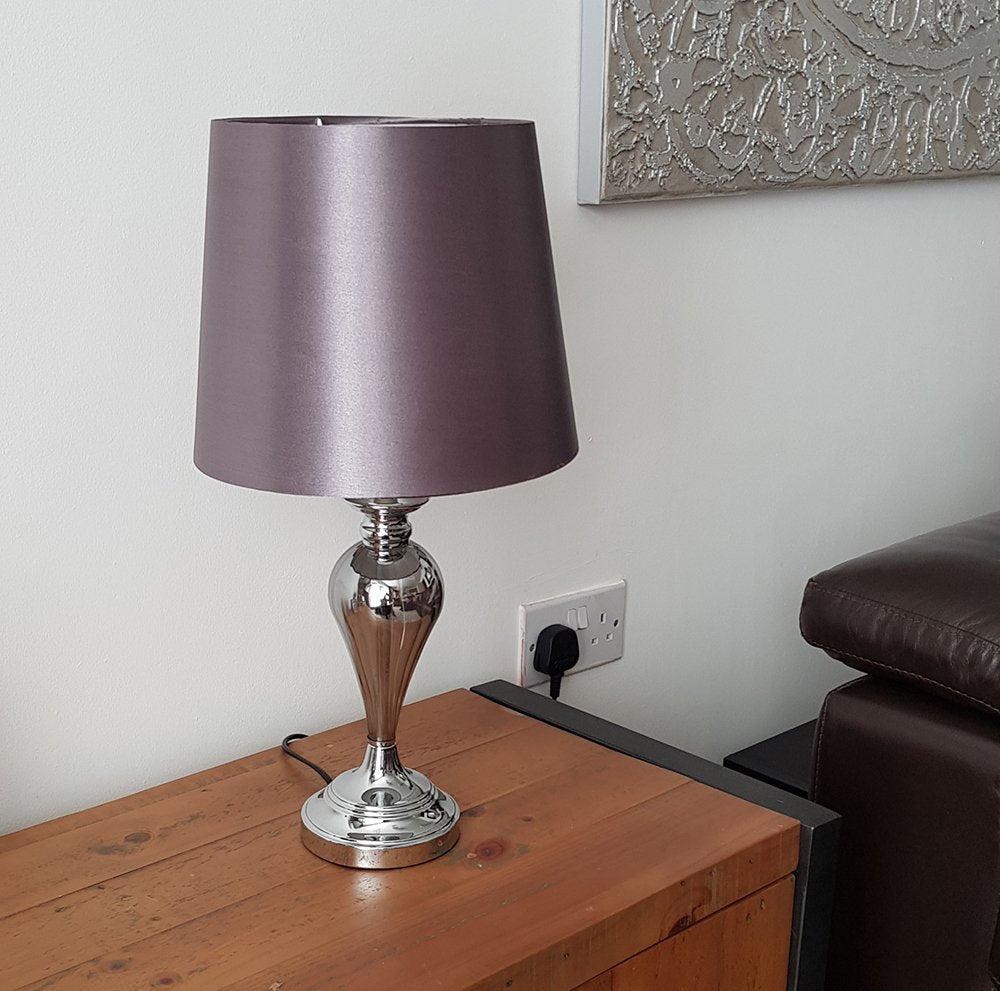Denton Smokey Glass Table Lamp with Grey Lamp Shade and Chrome Base