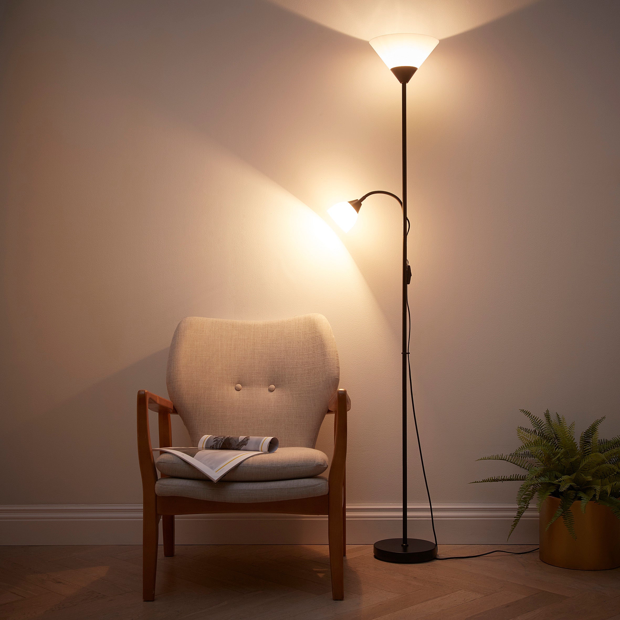 Mother and Child Black Floor Lamp with White Frosted Shades