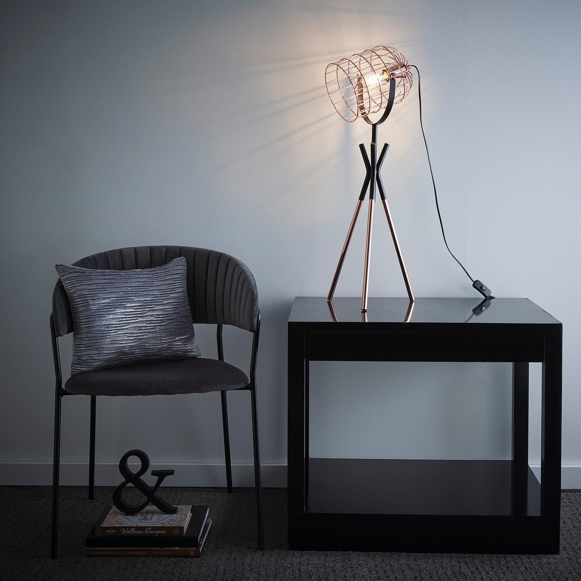 K LIVING Tripod Copper Table Lamp and Floor Lamp option with an Industrial Metal Cage Style and a Polished copper and Black finish
