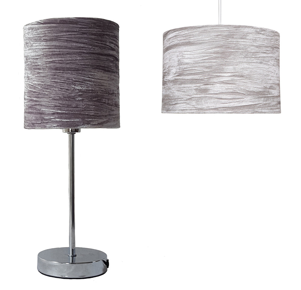 Plush Crushed Velvet Grey Drum Lamp