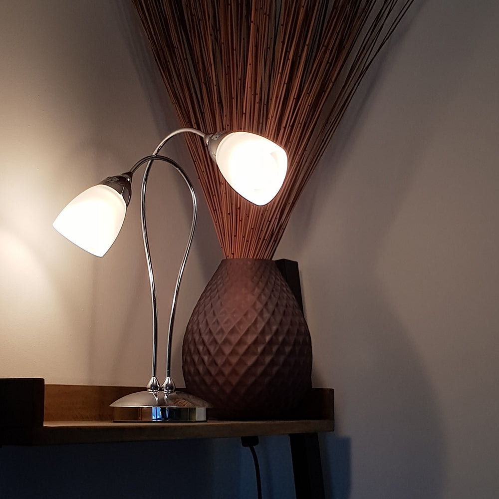 Cygnus 2 Light Table Lamp with Frosted Glass Shades, Chrome