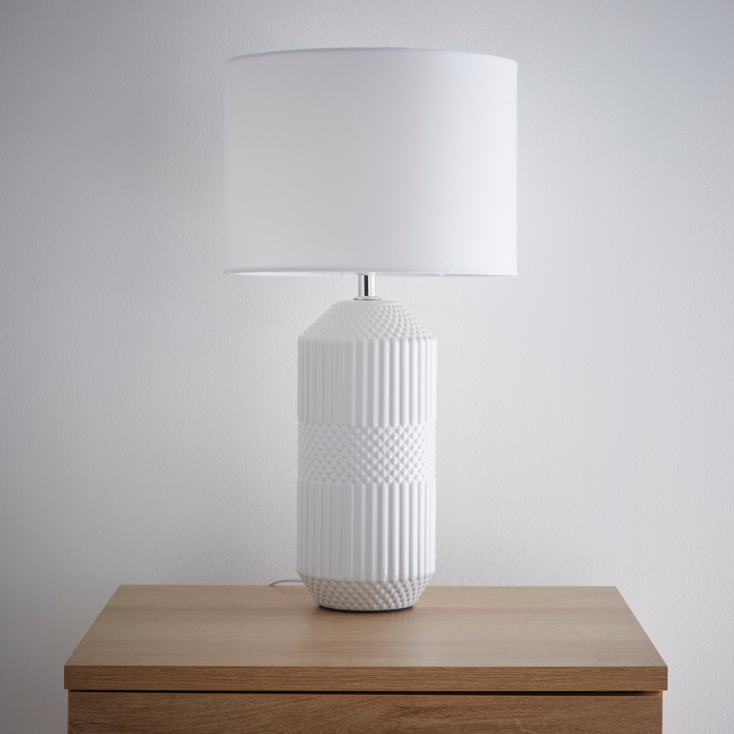 White Glossy Ceramic Textured Table Lamp with White Cotton Lampshade