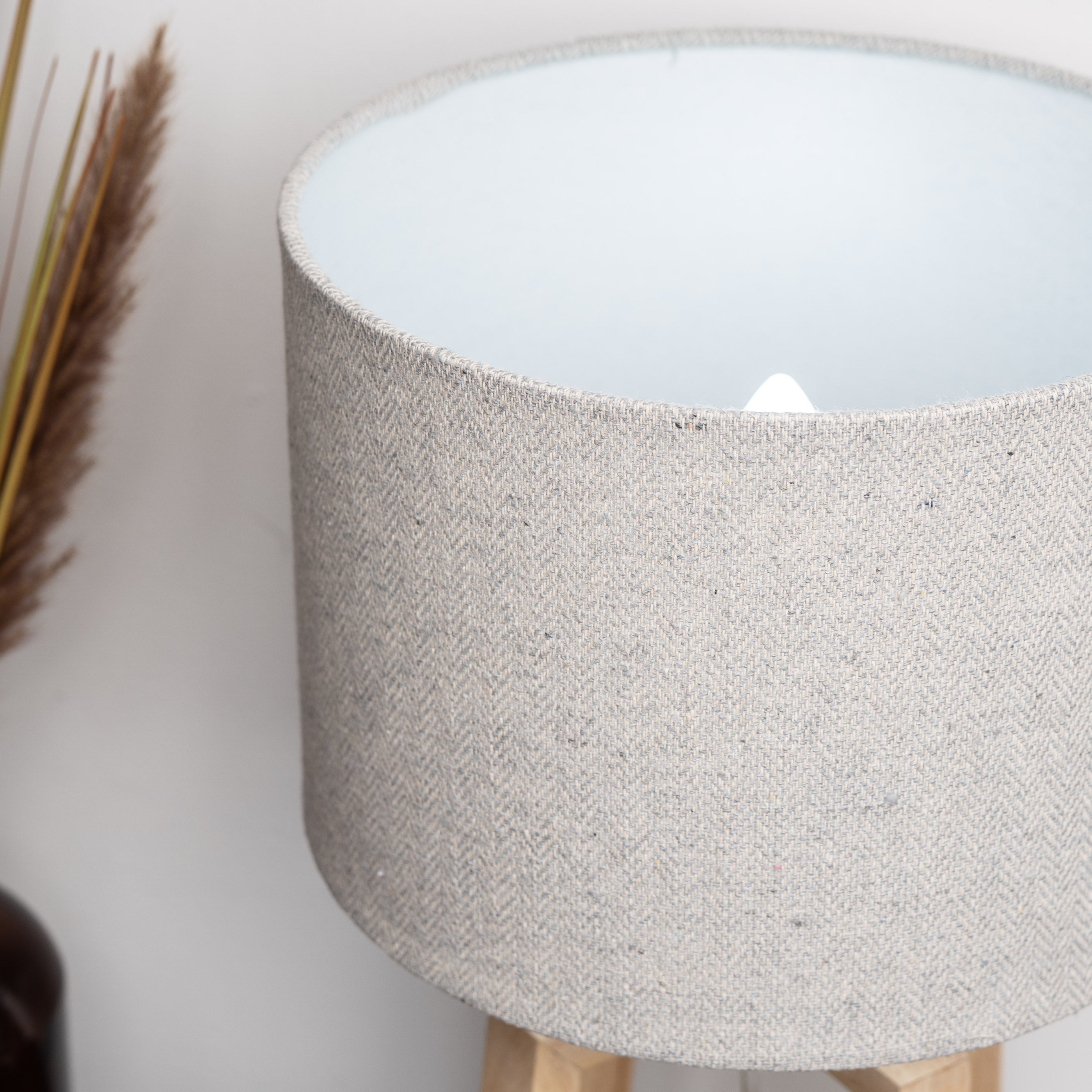 Natural Wooden Stool Table Lamp with Linen Shade