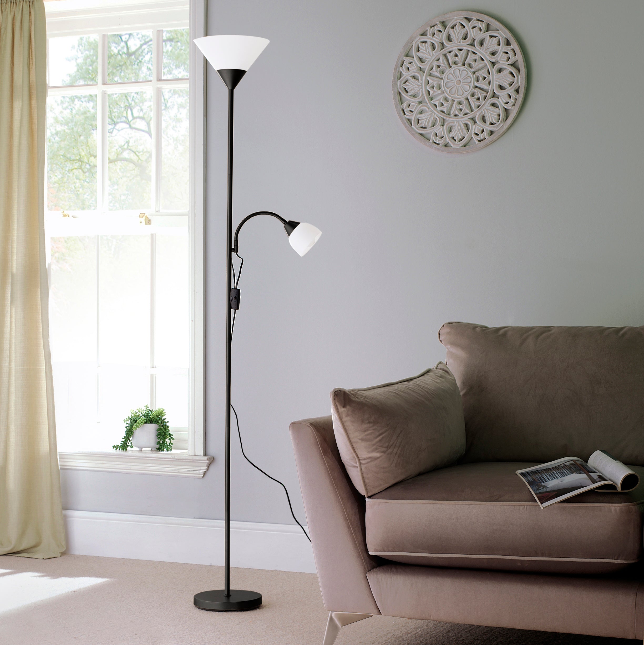 Mother and Child Black Floor Lamp with White Frosted Shades