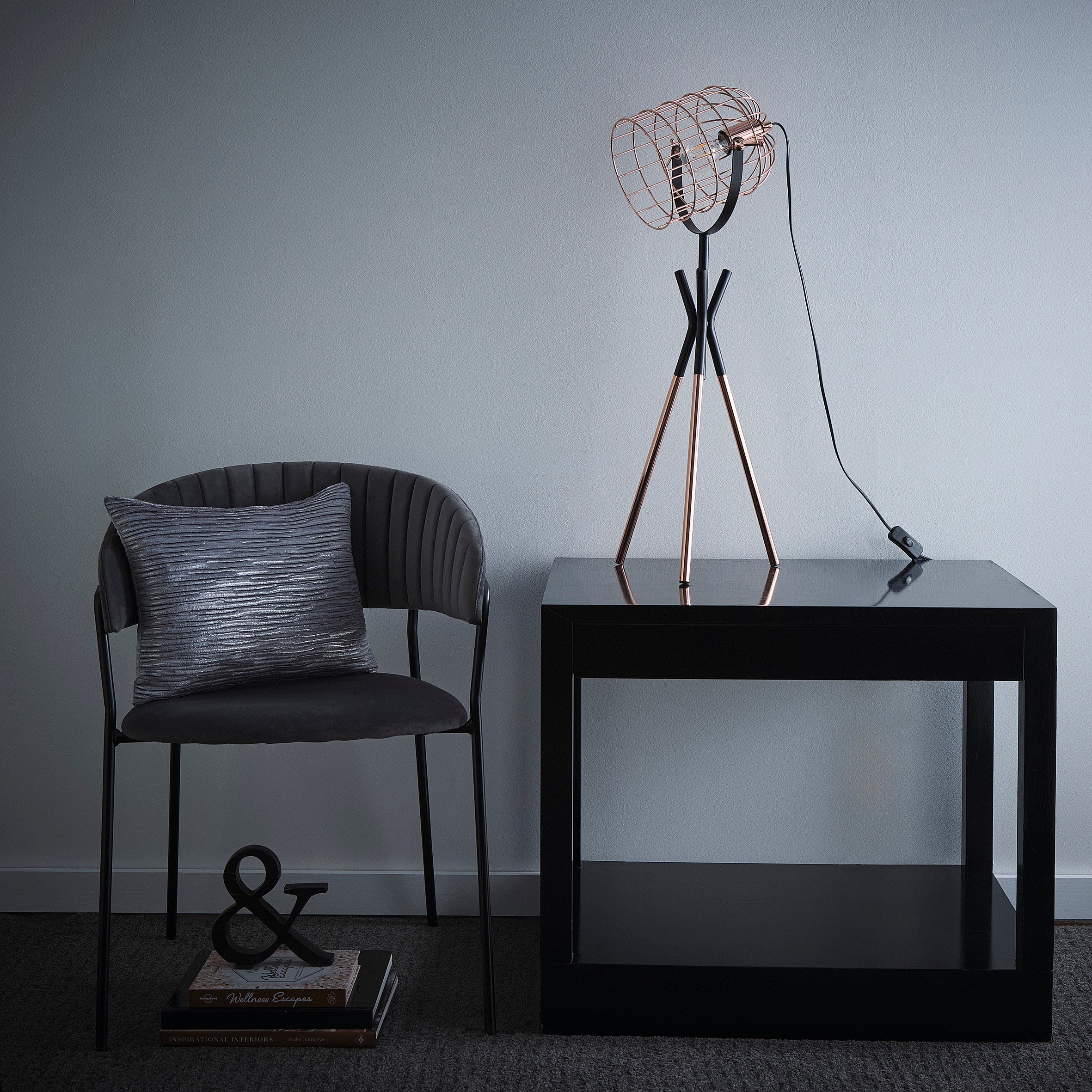 K LIVING Tripod Copper Table Lamp and Floor Lamp option with an Industrial Metal Cage Style and a Polished copper and Black finish