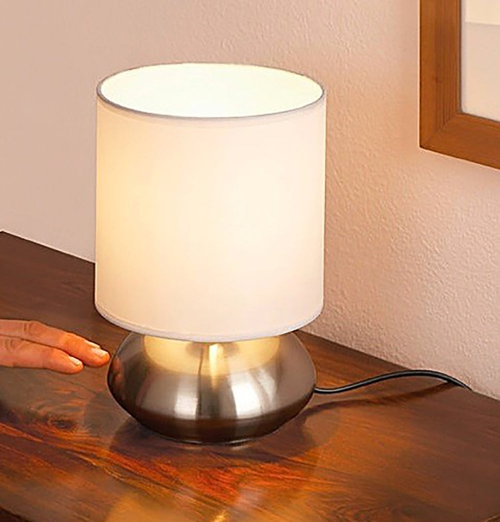 Silver Chrome Pair of Touch Lamps with White Lamp shade and Stepped Dimming options