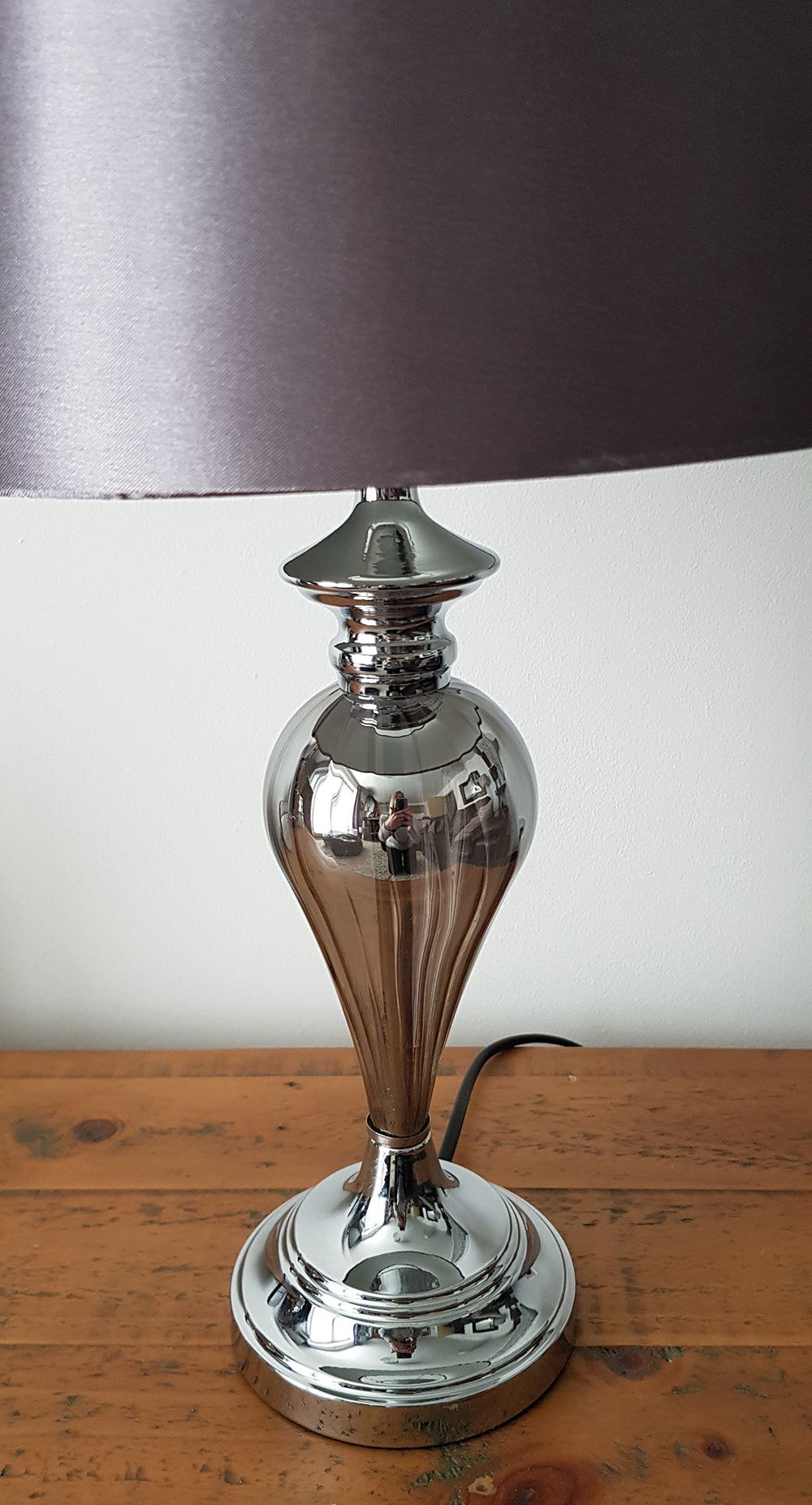 Denton Smokey Glass Table Lamp with Grey Lamp Shade and Chrome Base