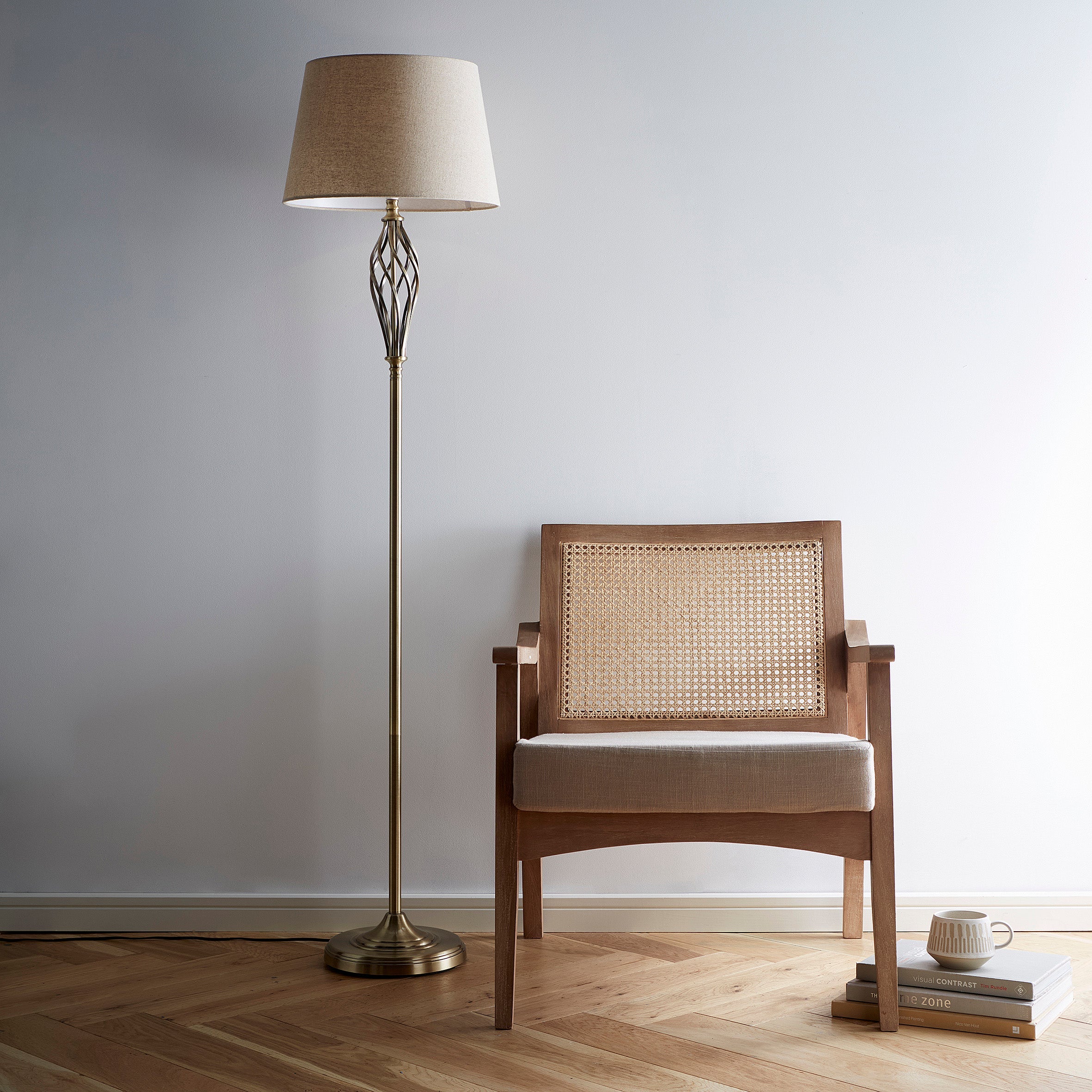 Spiral Antique Brass Floor Lamp with Linen Lampshade