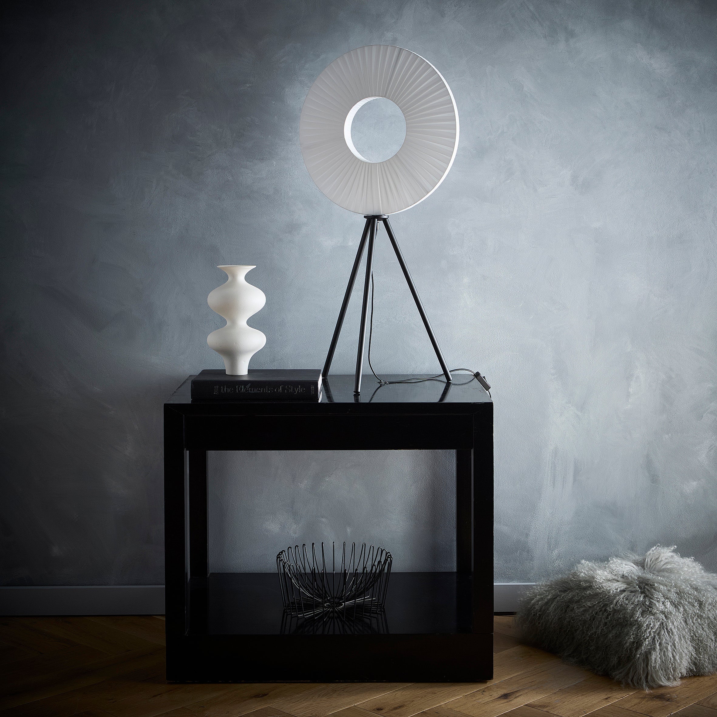 Riley LED Tripod Floor Lamp or Table Lamp with White Fabric Shade and black tripod legs