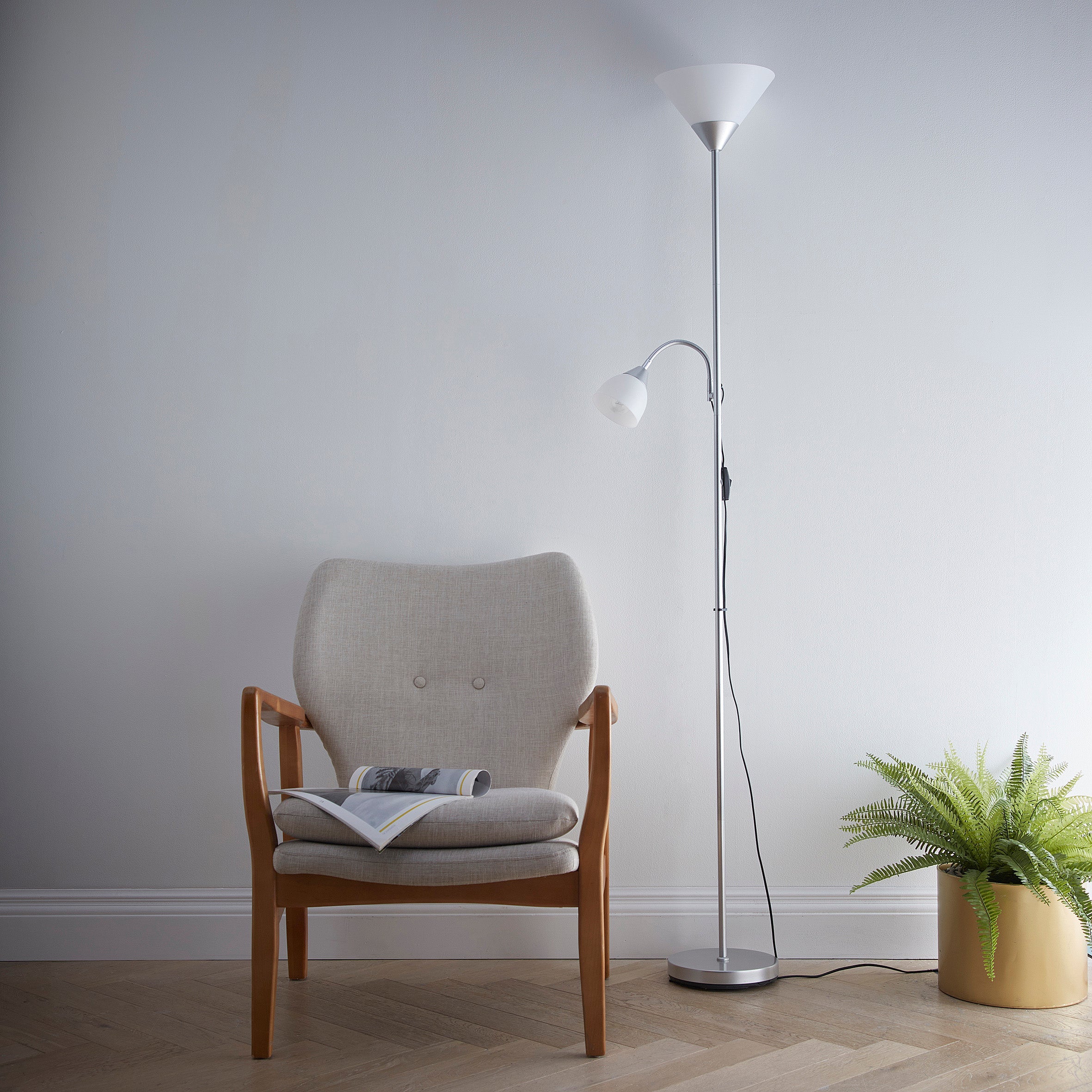 Mother and Child Silver Floor Lamp with White Frosted Shades