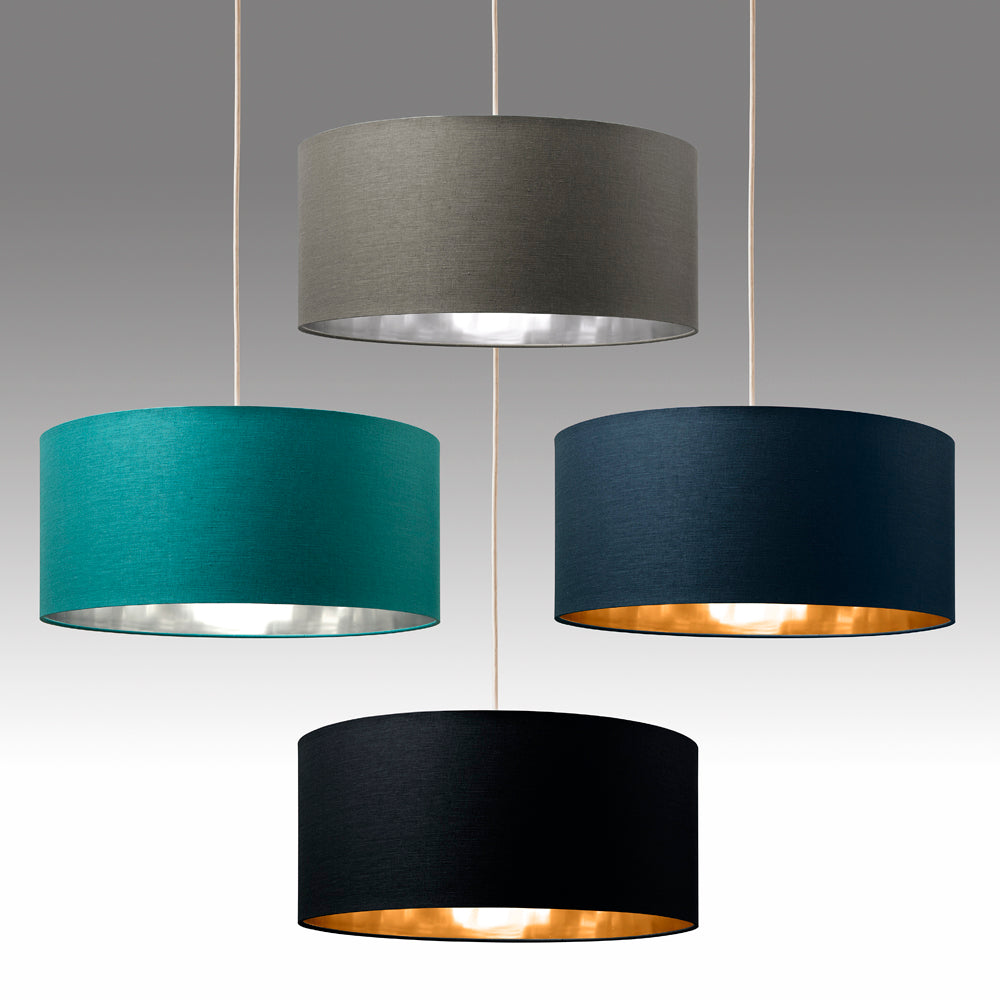 Large Ceiling Drum shades in Black, Grey, Navy or Teal with inner Metallic Linings to Match