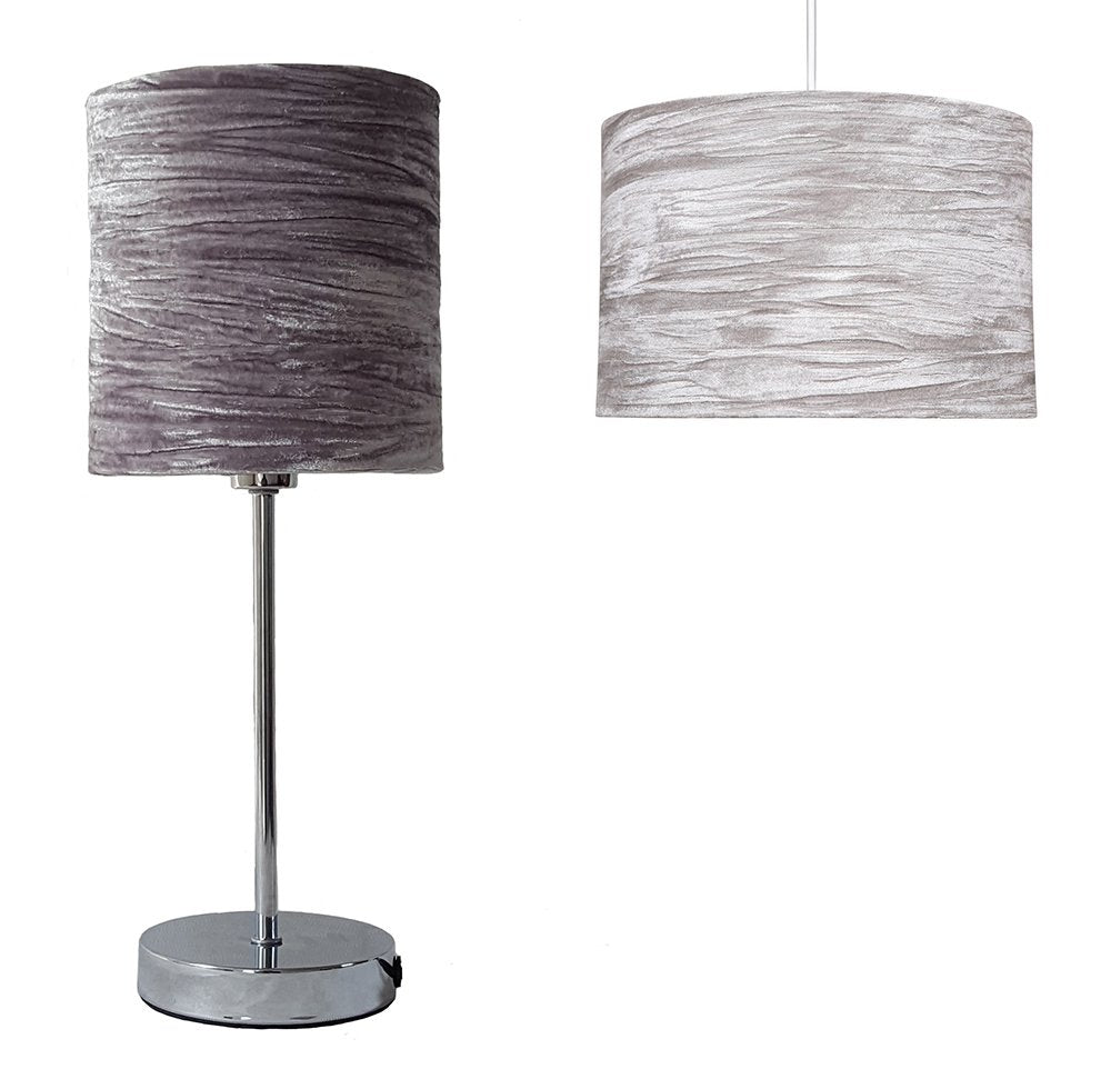 Plush Crushed Velvet Grey Drum Lamp