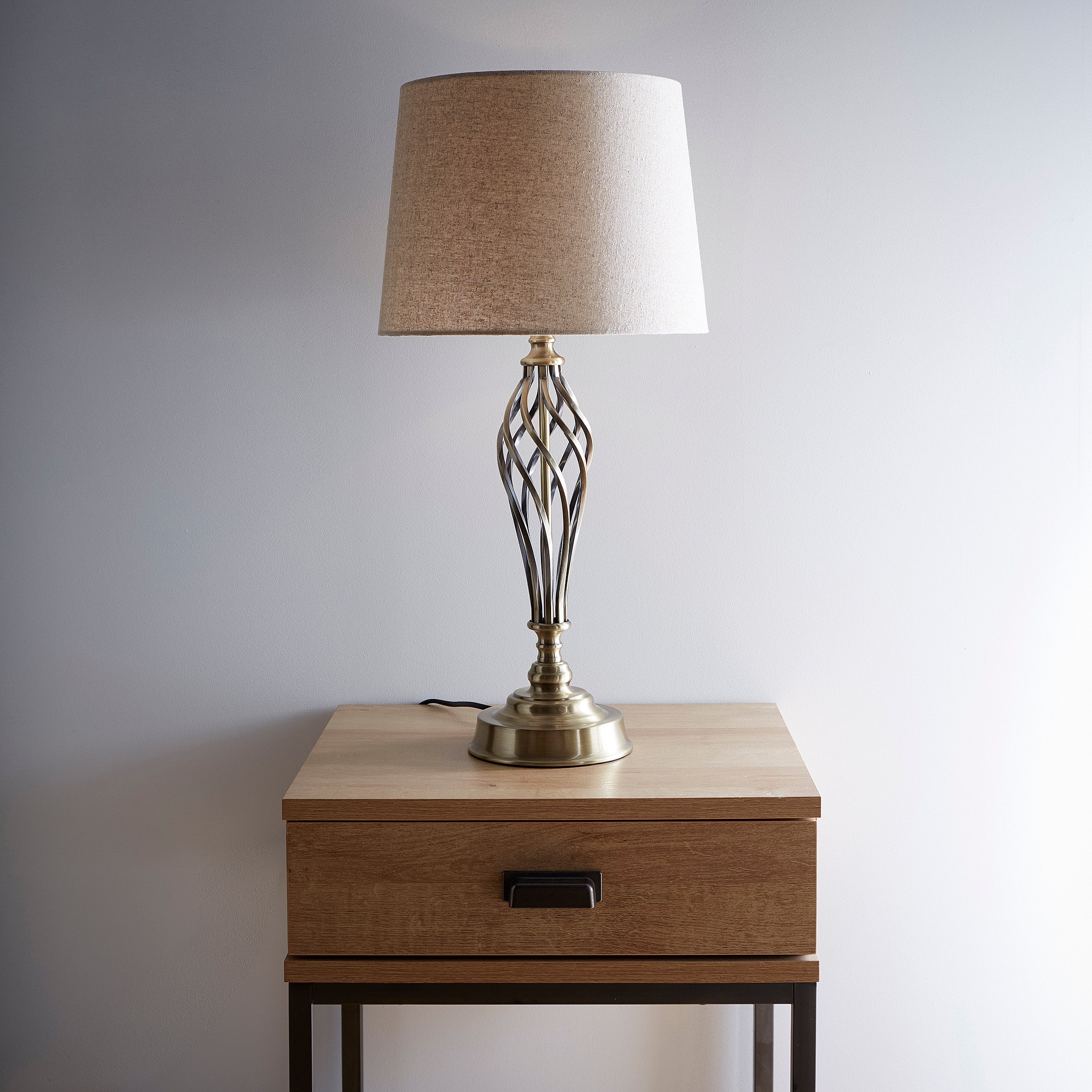 Spiral Antique Brass Table Lamp with Linen Lampshade