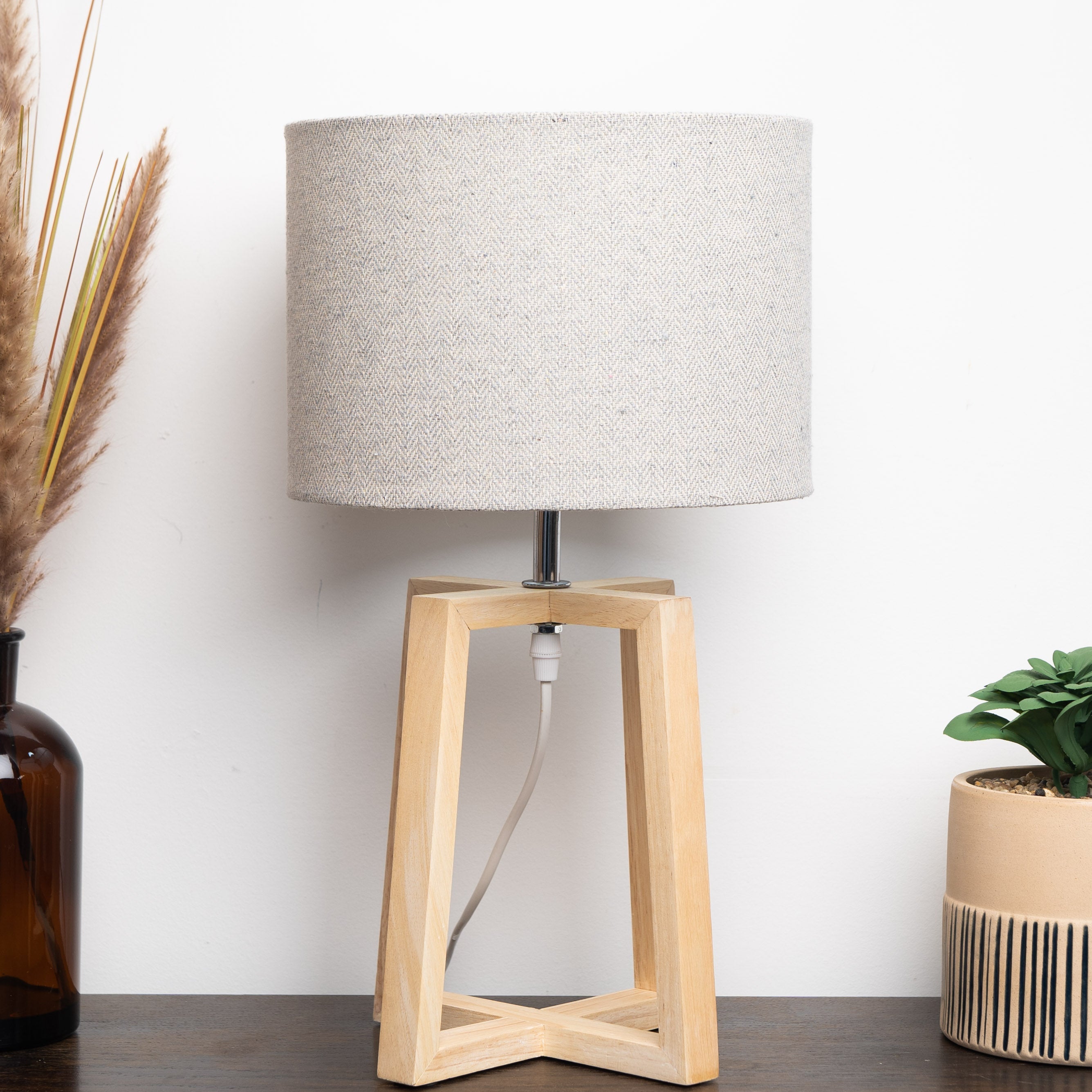 Natural Wooden Stool Table Lamp with Linen Shade