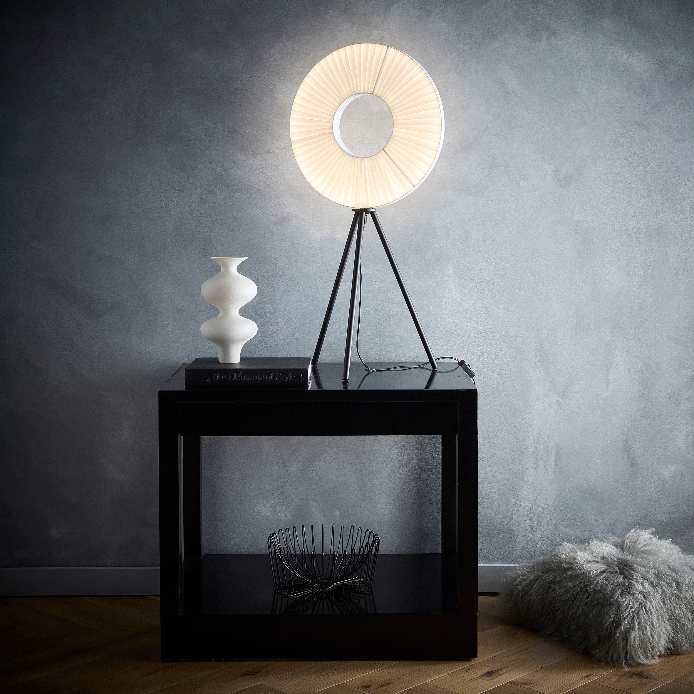 Riley LED Tripod Floor Lamp or Table Lamp with White Fabric Shade and black tripod legs