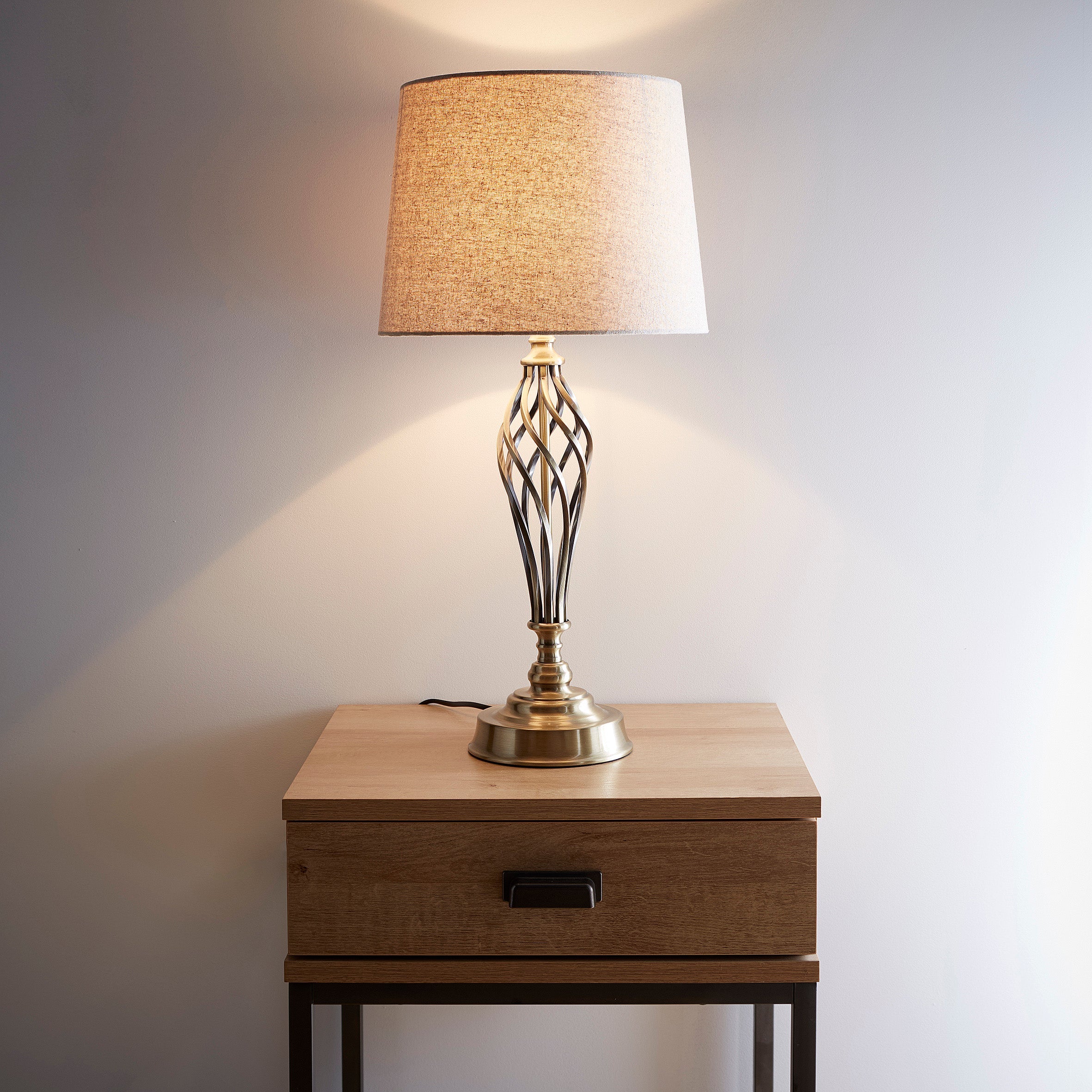 Spiral Antique Brass Table Lamp with Linen Lampshade