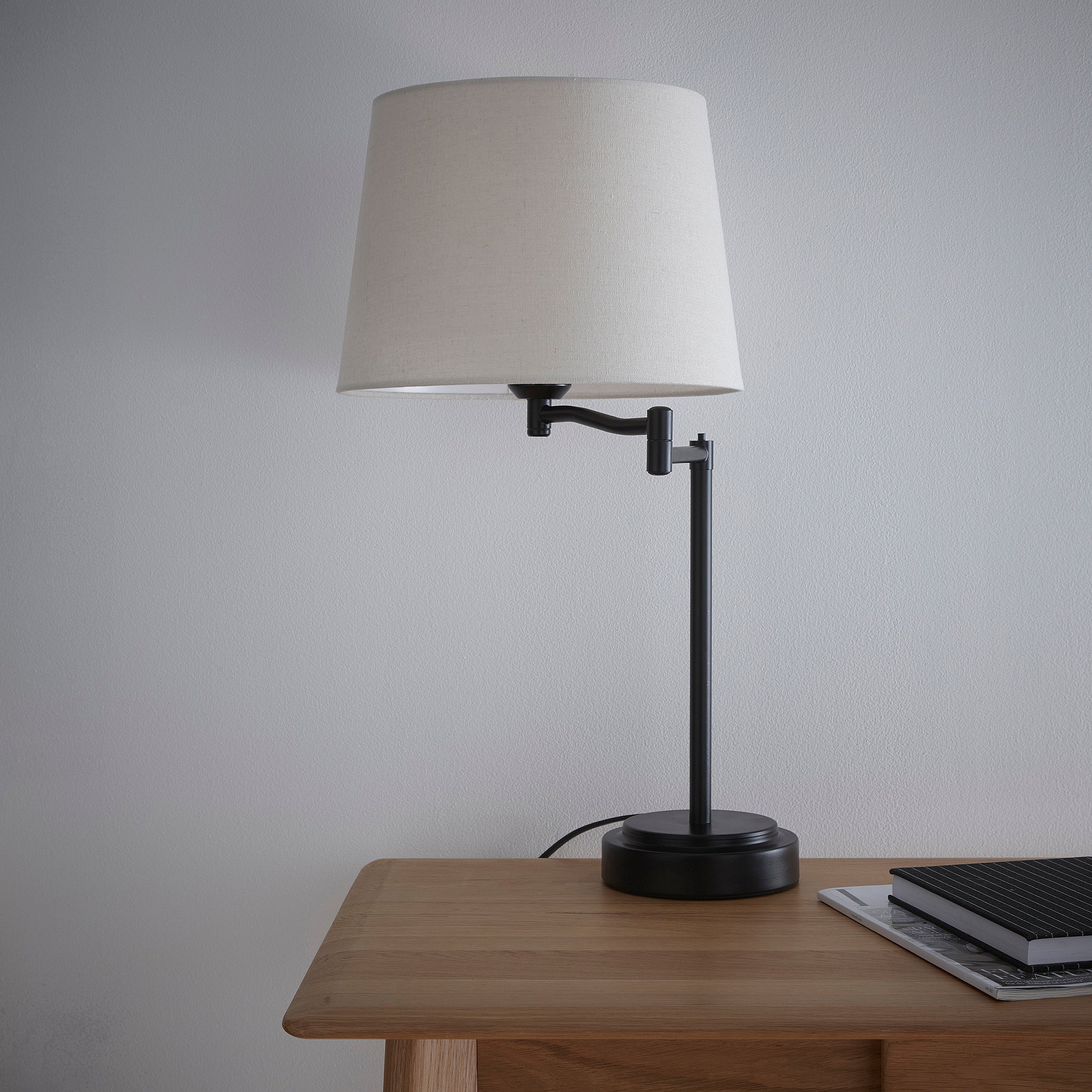 Classic Swivel Table Lamps in Matt Black or Brushed Silver with Swing Arms and Linen Lampshades